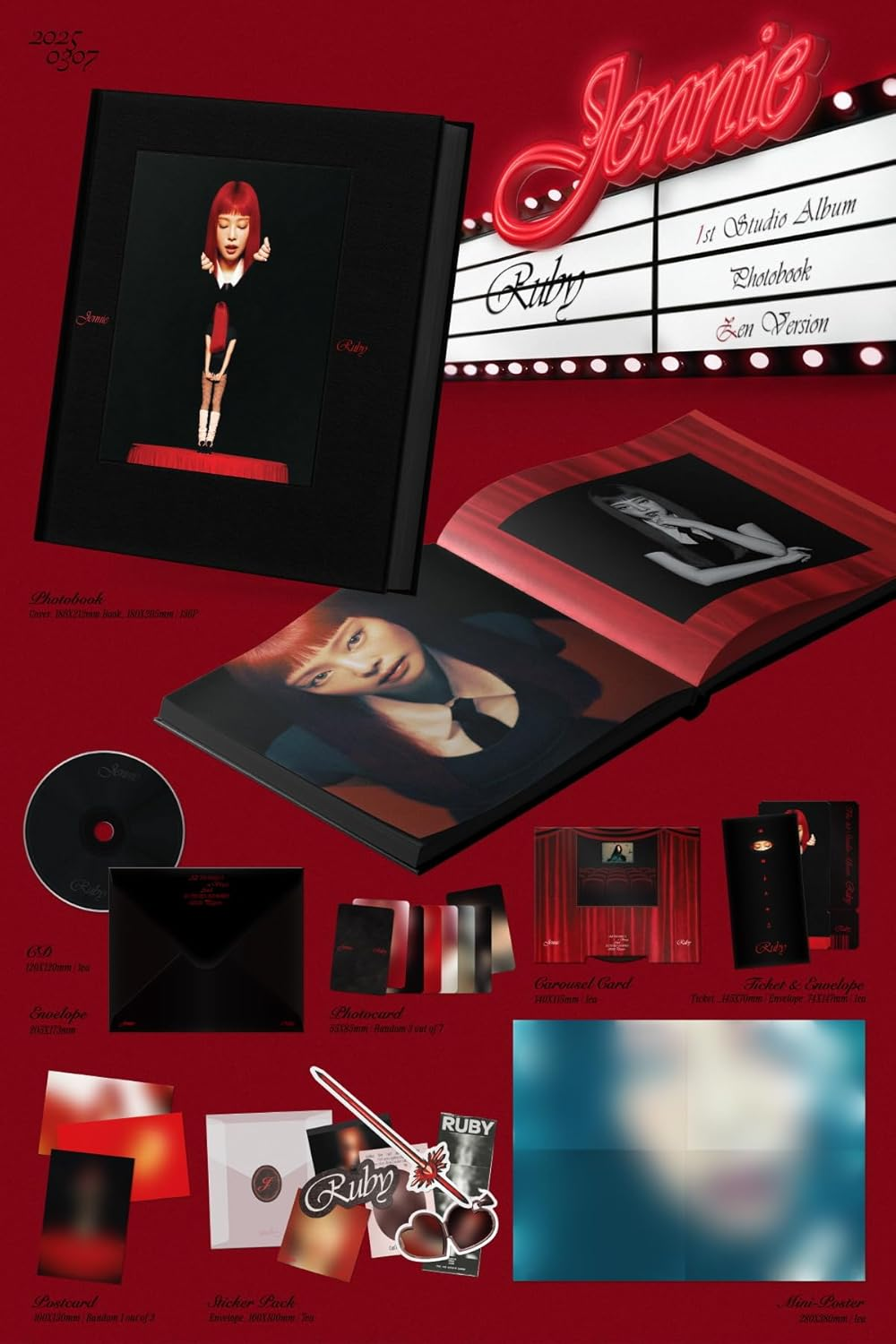 BLACKPINK JENNIE Ruby 1St Studio Album Photobook Random Version Cd+136P Photobook+1Ea Ticket+1P Carousel Card+1P Postcard+7Ea Sticker+3P Photocard+1P Mini Poster on Pack+Tracking Sealed