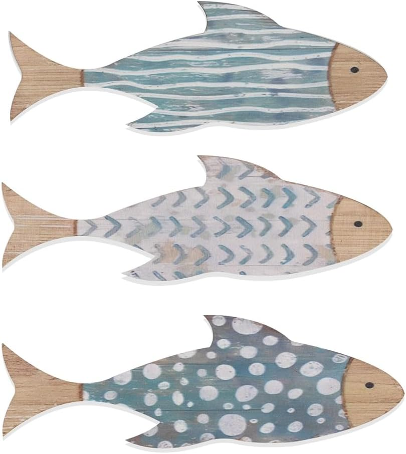 Walquicks 3 Pcs Wooden Fish Coastal Decor Set, Wall Decor Beach Themed Room Decor, Vintage Lake House Decor, Nautical Ocean Wooden Fish Wall Art Decor for Home Indoor Outdoor Bathroom Living Room image number 5
