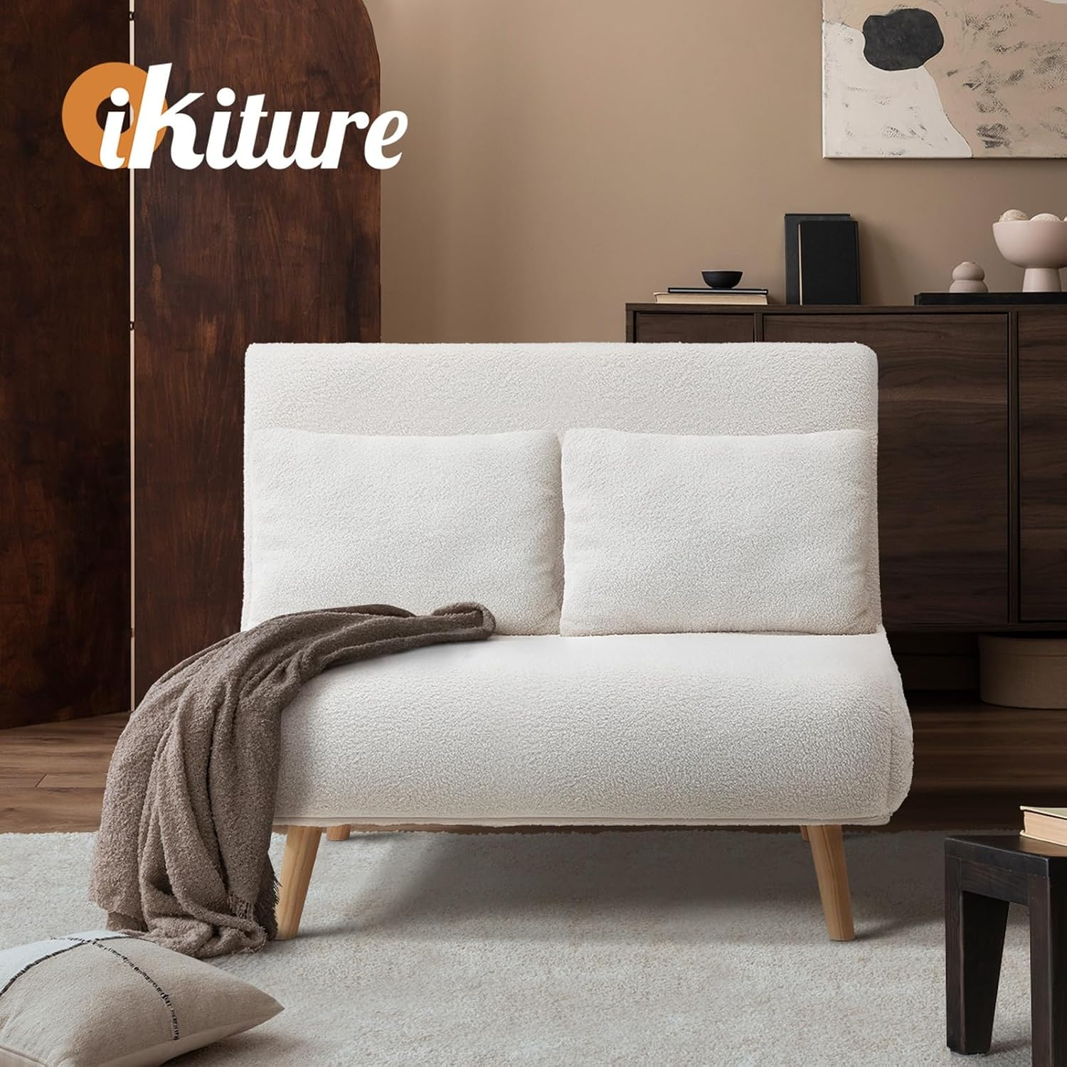 OIKITURE 2-Seater Lounge Chair Sofa, Double Folding Sofa Chair with Thick Padding, Multi-Functional Furniture Sofa Chair Flat Bed for Livingroom Apartment Office Study, White image number 5