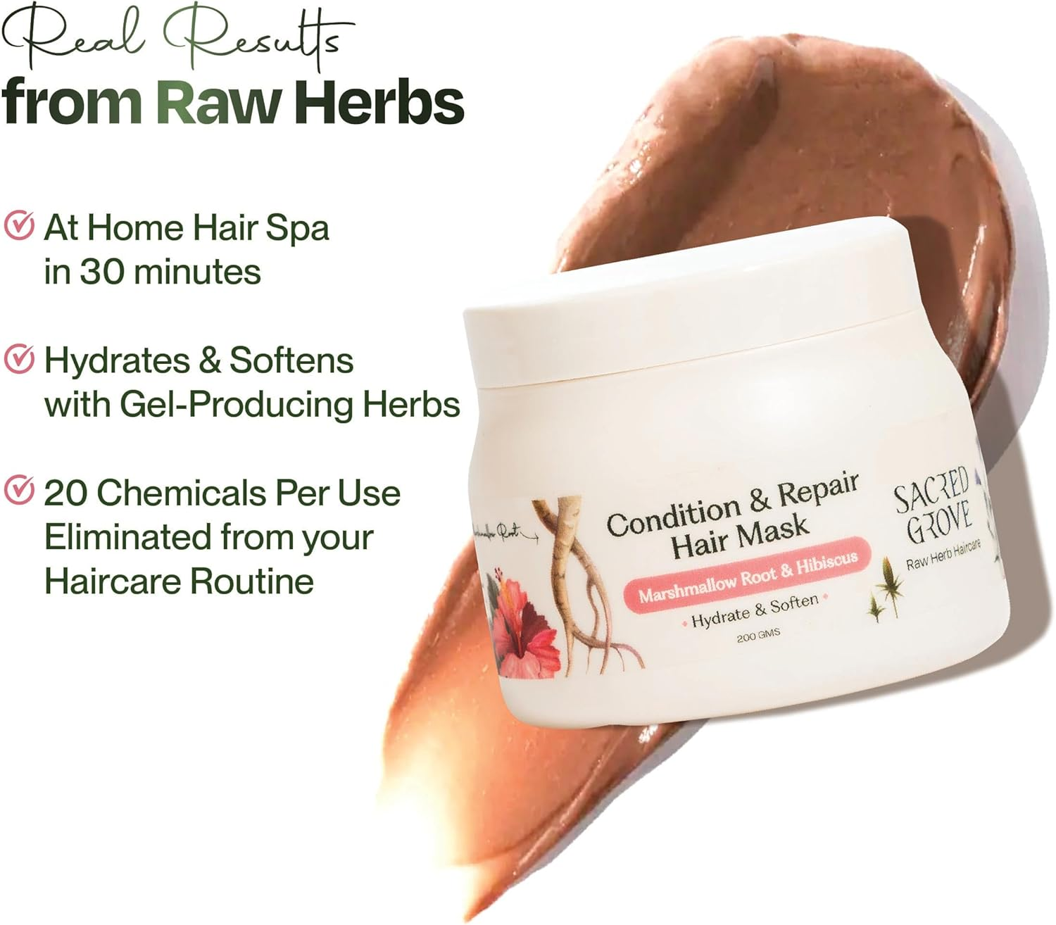 Sacred Grove Condition & Repair Pre Shampoo Hair Mask | Marshmallow Root, Hibiscus & Flaxseeds | for Dry Frizzy Hair That Hydrates Strands Naturally (200 Gm) image number 1