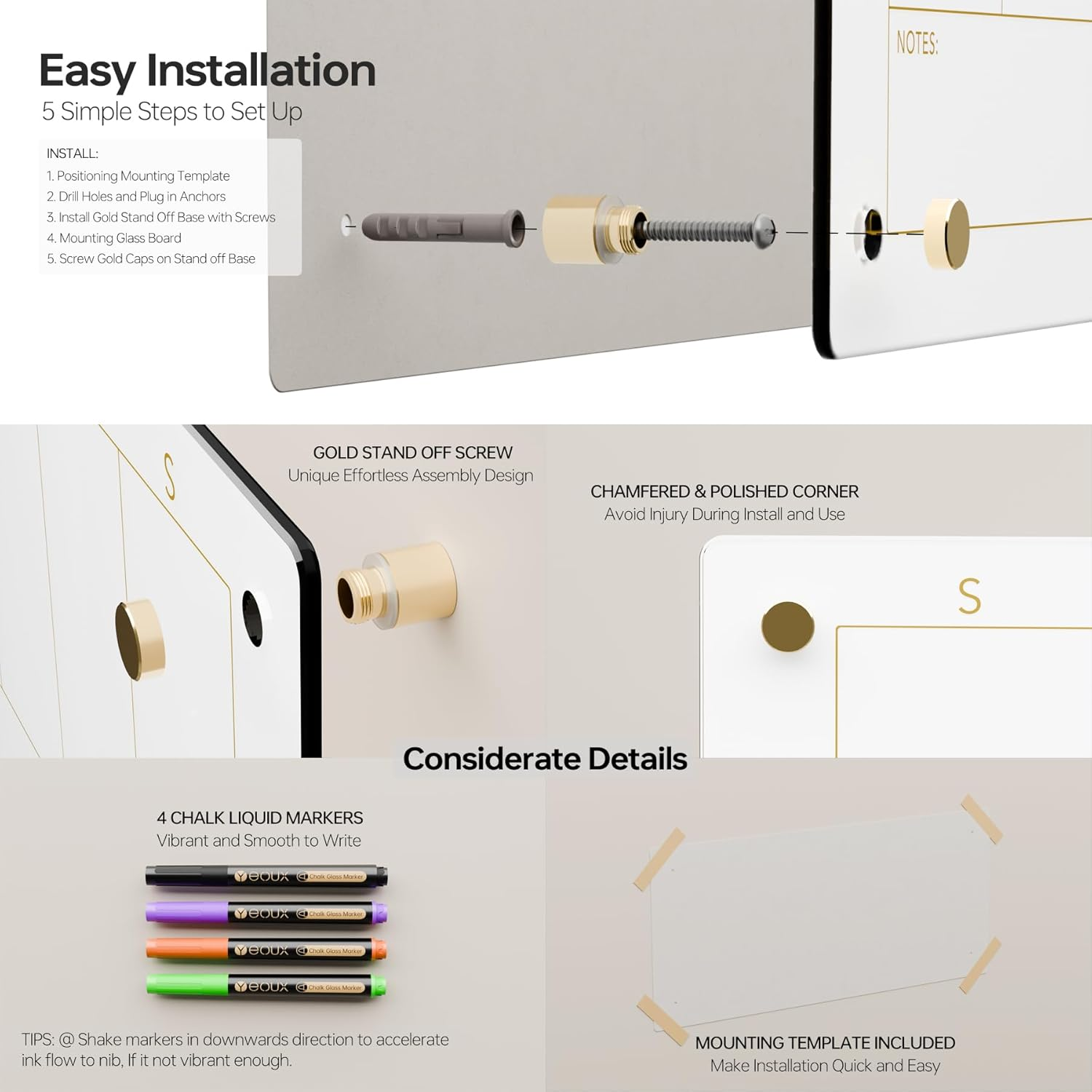 Glass Golden Weekly Dry Erase Calendar White Board for Wall, to Do List & 7 Days Planner Whiteboard for Home Office, 58.6X24Cm, 4 Markers Included, Yeoux image number 4