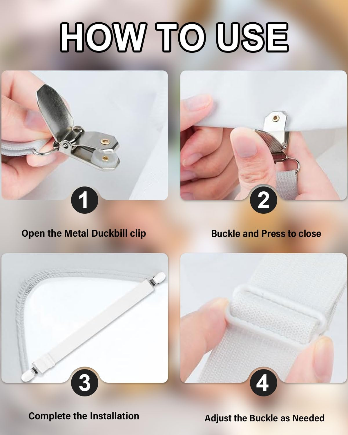 JUKOTA Bed Sheet Tensioners, Pack of 4 Adjustable Bed Sheet Tensioners, Elastic Bed Sheet Tensioners, Fitted Sheet Tensioners, Bed Sheet Tensioners, Bed Sheet Tensioners with Clip for Bed Linen image number 2