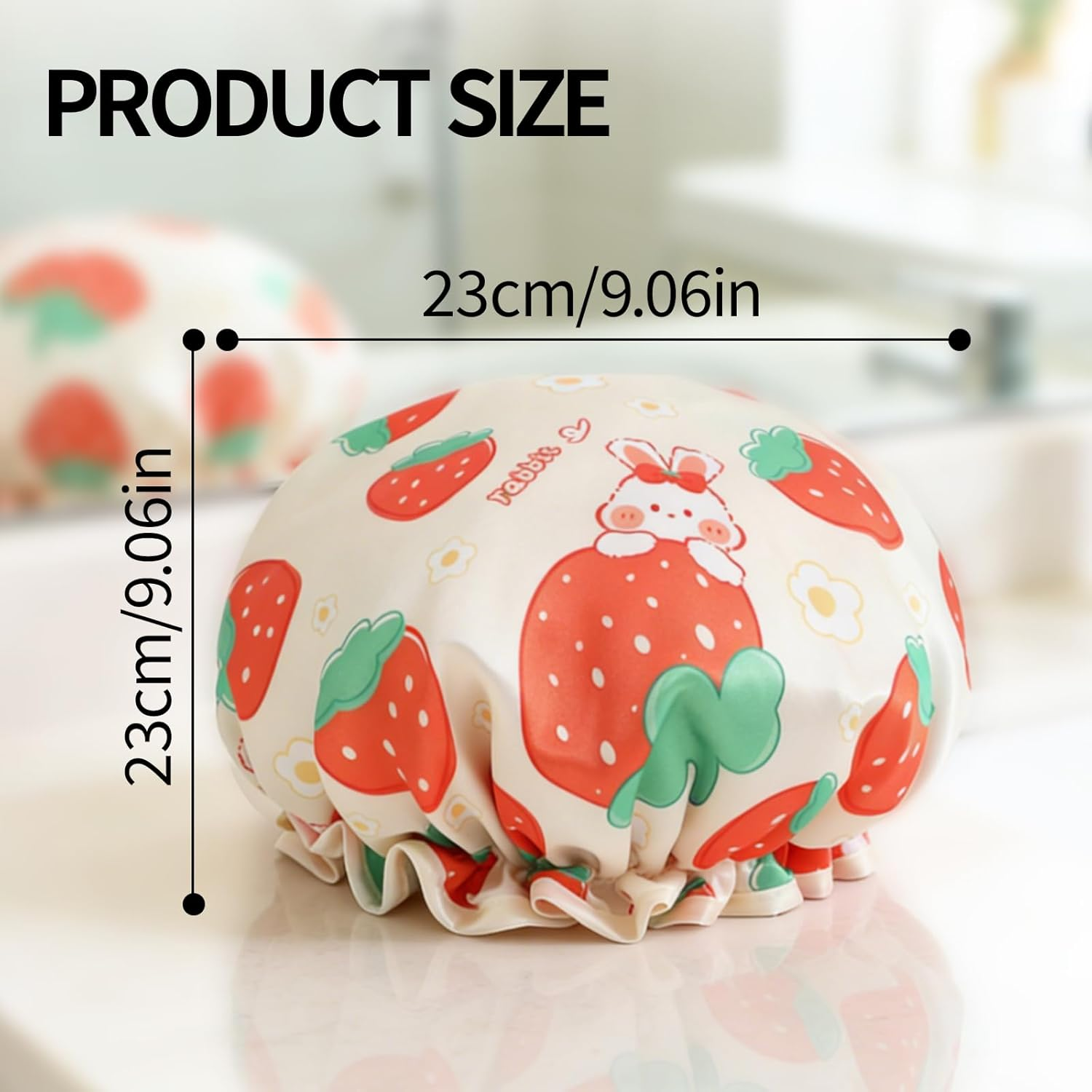 3-Pack Kids Shower Cap, Double-Layer Waterproof Shower Cap - Rabbit & Strawberry & Bear Cartoon Patterns, Adjustable Elastic Band, Soft Kids Sleeping Cap Reusable Bathing Cap for Kid image number 3