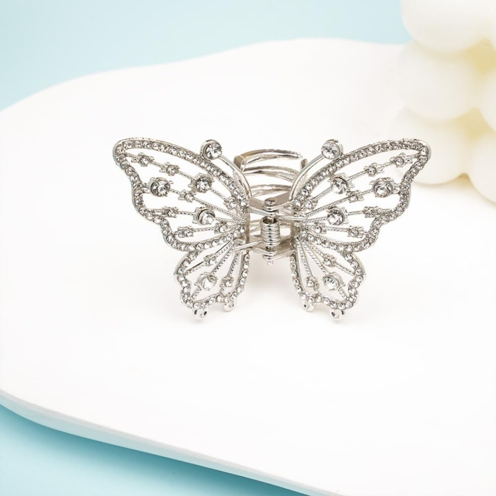 Pack of 2 Butterfly Hair Clips Women'S Hair Clips Metal Rhinestones Hair Pin Hair Clip Non-Slip Hair Claw Clips Hair Accessories Headwear for Daily Wear, Silver image number 1