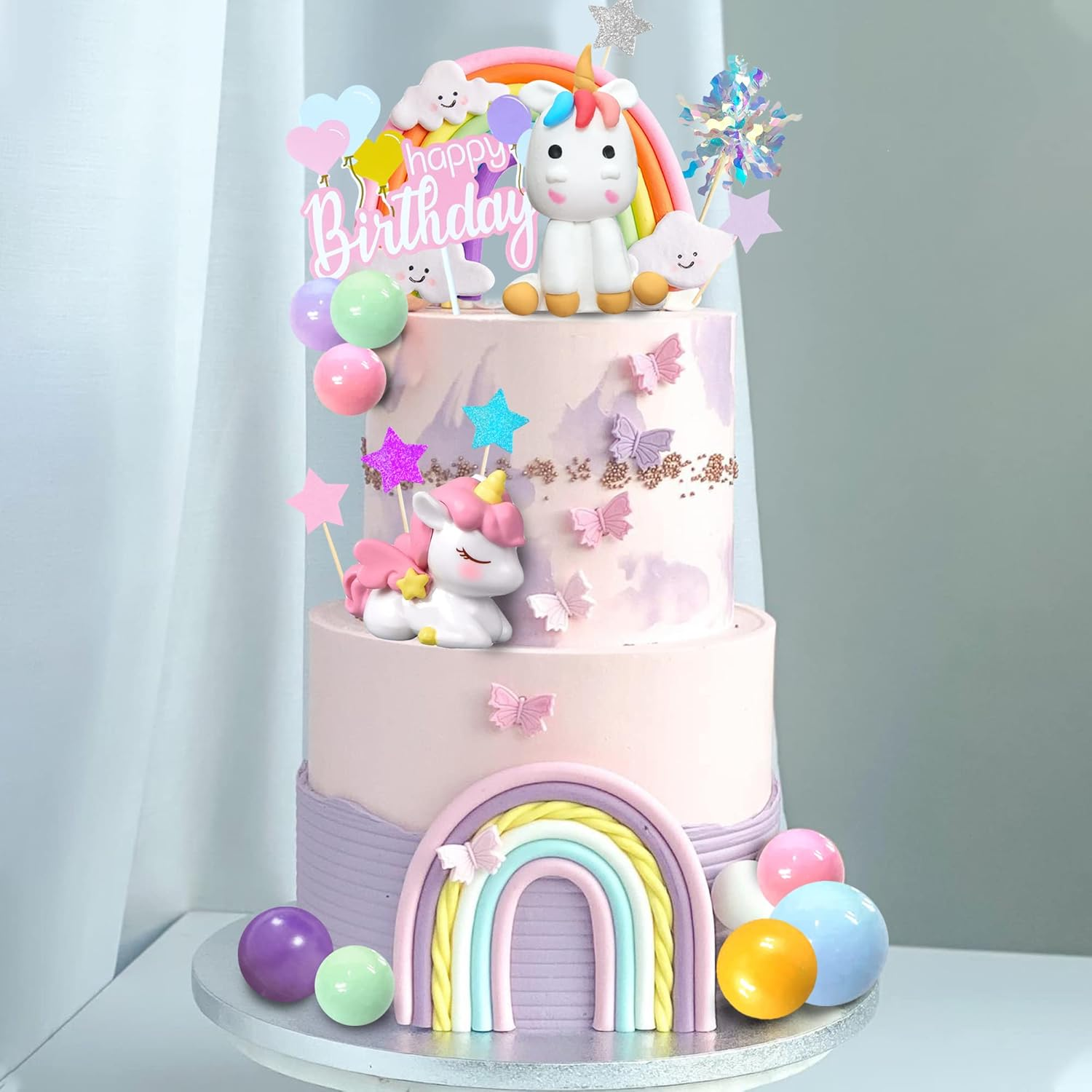 DRWATE 18 PCS Unicorn Cake Topper, Unicorn Rainbow Cake Decorations with Rainbow Stars Unicorn Foil Firework Balls Happy Birthday Cake Decorations for Boys Girls Kids Birthday (Style 1) image number 2