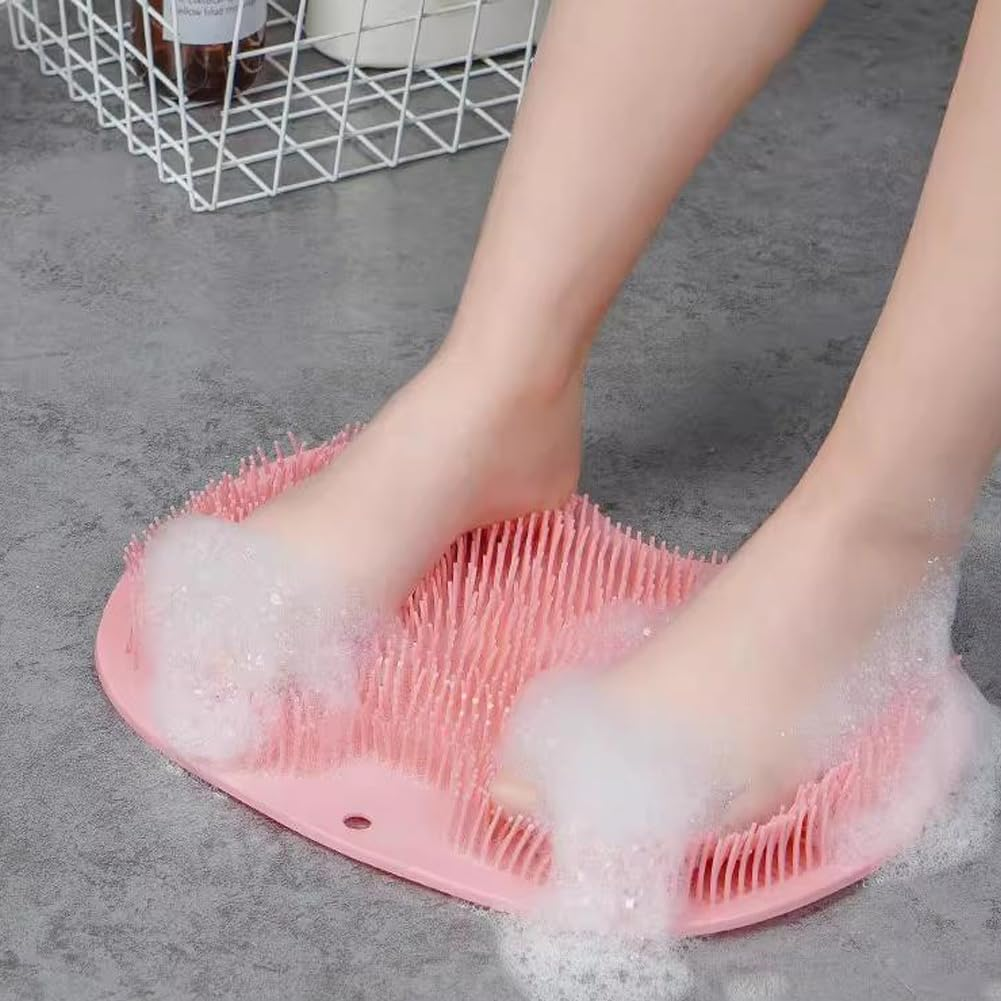 2 Pack Silicone Shower Foot Scrubber Mat, Silicone Foot Scrubber for Shower with Non-Slip Suction Cups, Wall Mounted Slip Suction Cups for Foot Back Cleaning (Blue+Pink) - Grey+Pink image number 7