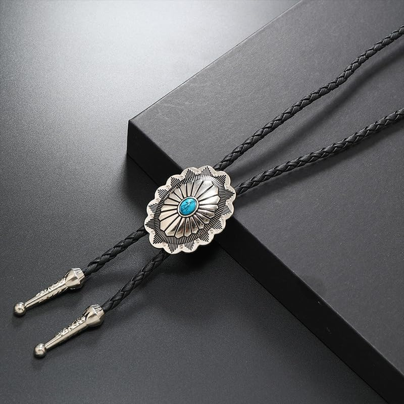 Vintage Turquoise Bolo Tie for Men - Western Cowboy Colored Oval Bola Necktie Retro Leather Necklace for Men Women
