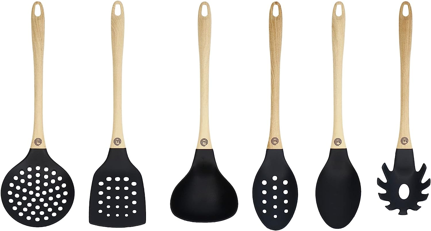 Masterchef Kitchen Utensils Set Dishwasher Safe, Non Toxic Cooking Utensils Set for Nonstick Cookware, Non Scratch Plastic Tools Incl. Spatulas & Spoons, Heat Resistant Nylon, 6 Piece, Natural Look