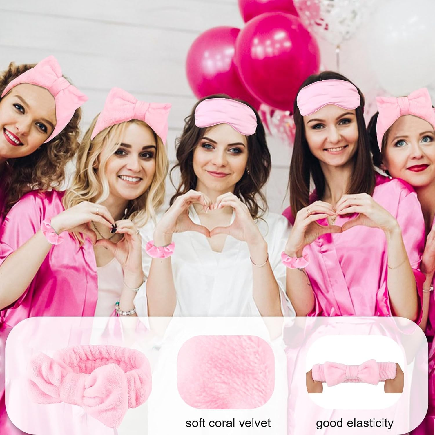 18 Pcs Sleepover Party Supplies for Girls - Pink Party Favors Include 6 Spa Headband, 6 Silk Eye Mask and 6 Velvet Scrunchies for Spa Birthday, Bachelorette, Slumber (Pink) image number 2