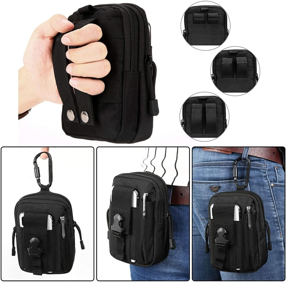 Outdoor Tactical Waist Bag with Cell Phone Holster Holder EDC Molle Belt Waist Pouch Security Purse Phone Carrying Case Pocket Organizer for Less than 6.2 Inches Smartphone (Black)