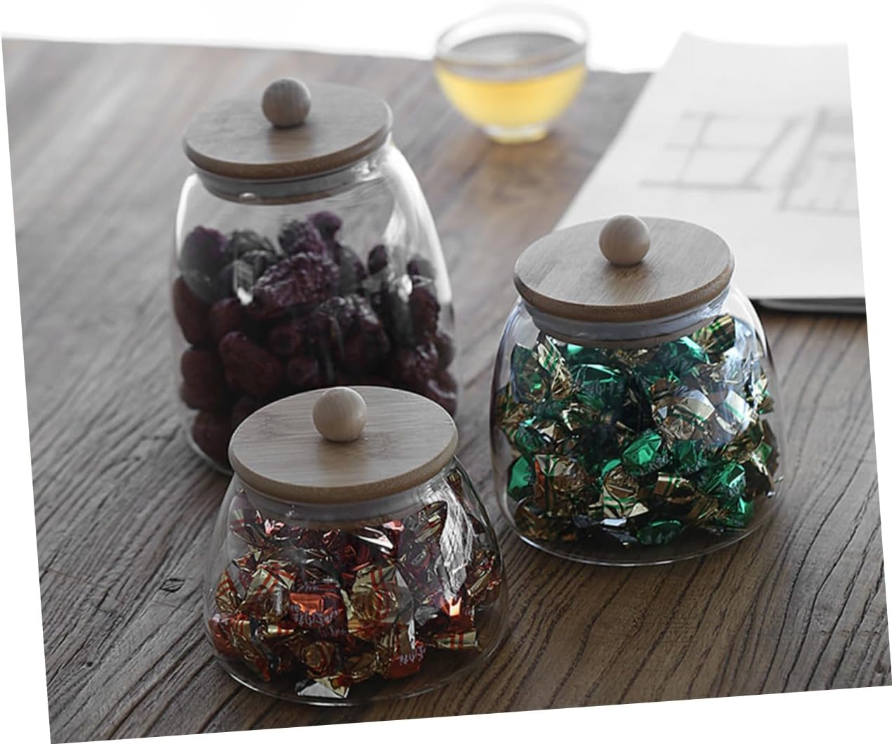 LABRIMP 2Pcs Transparent Glass Candy Storage Jars Bamboo Lids Wedding Sweets Containers Versatile Sealing Jars for Home and Bakery Use image number 6