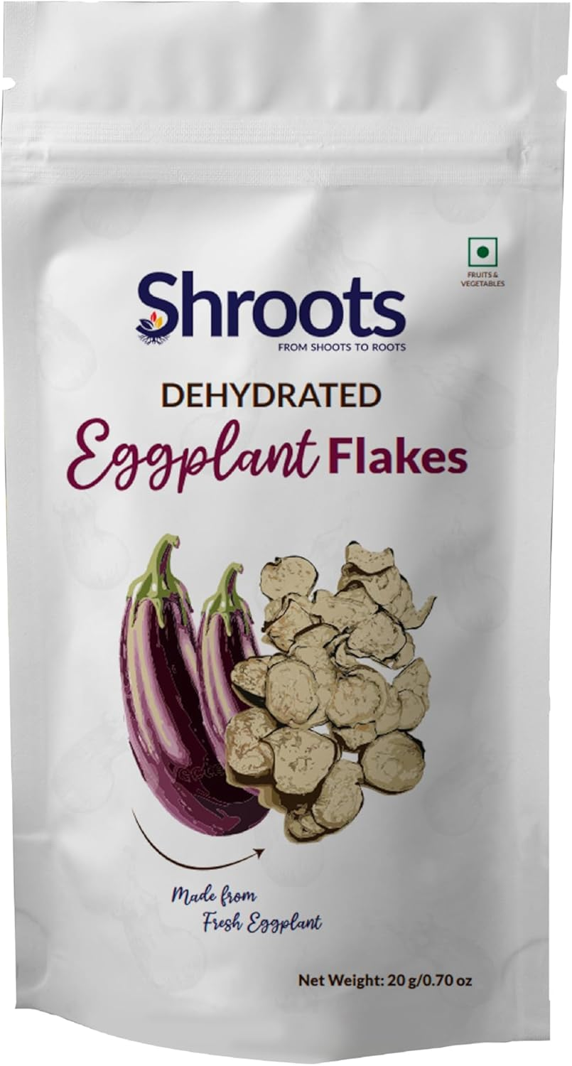 SHROOTS Dehydrated Eggplant Flakes Pure Vegetarian Gluten-Free No Added Salt Easy Cooking Machine Essential Dried Vegetable Boosted with Aroma Fiber Perfect for Fillings or Salads 0.71 Oz, Pack of 1 image number 6