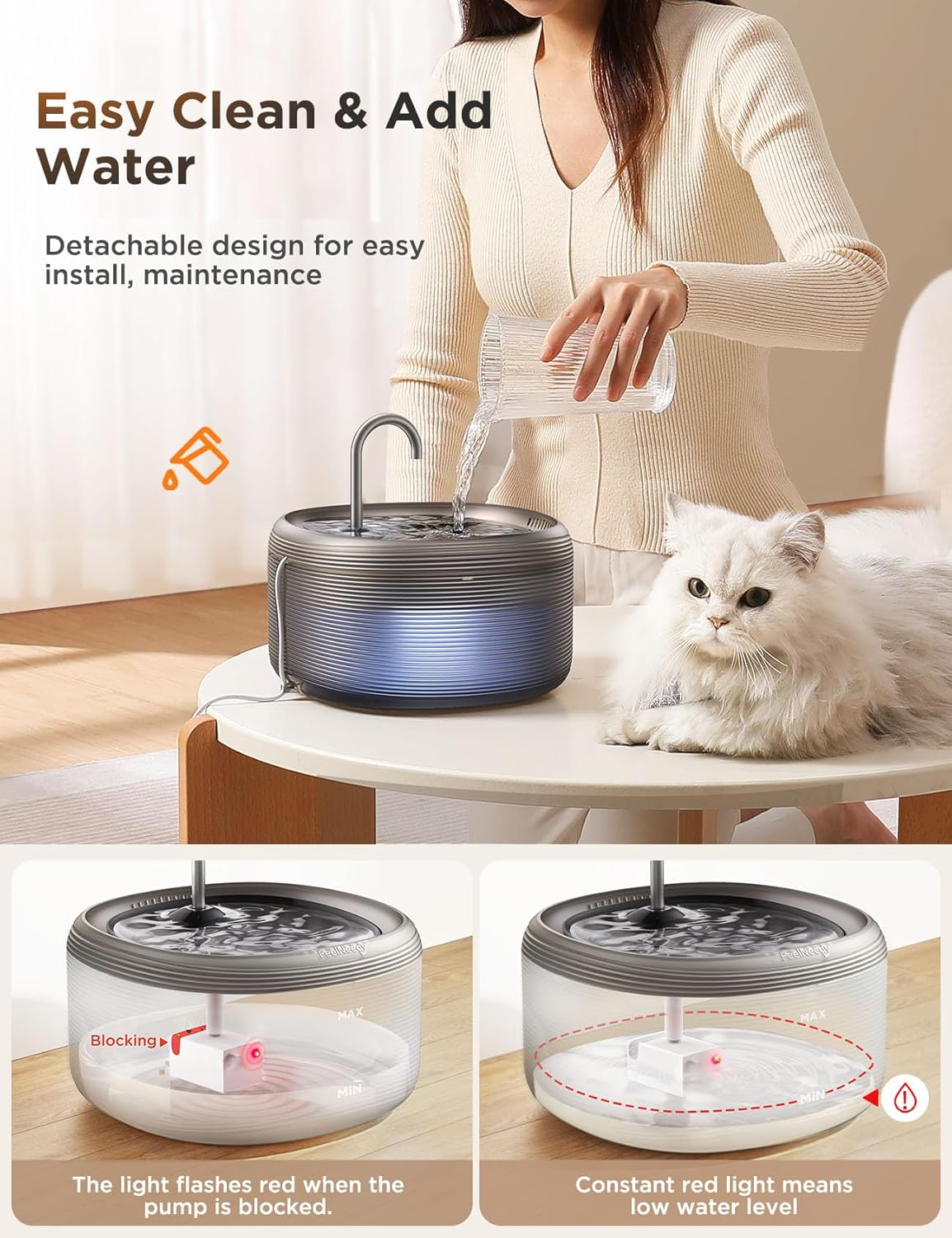 FEELNEEDY 3.2L/108Oz Cat Water Fountain for Drinking, Pet Water Fountain with 3 Replacement Filters, Upgraded Silent Pump, Bpa-Free, LED Indicator Light image number 1
