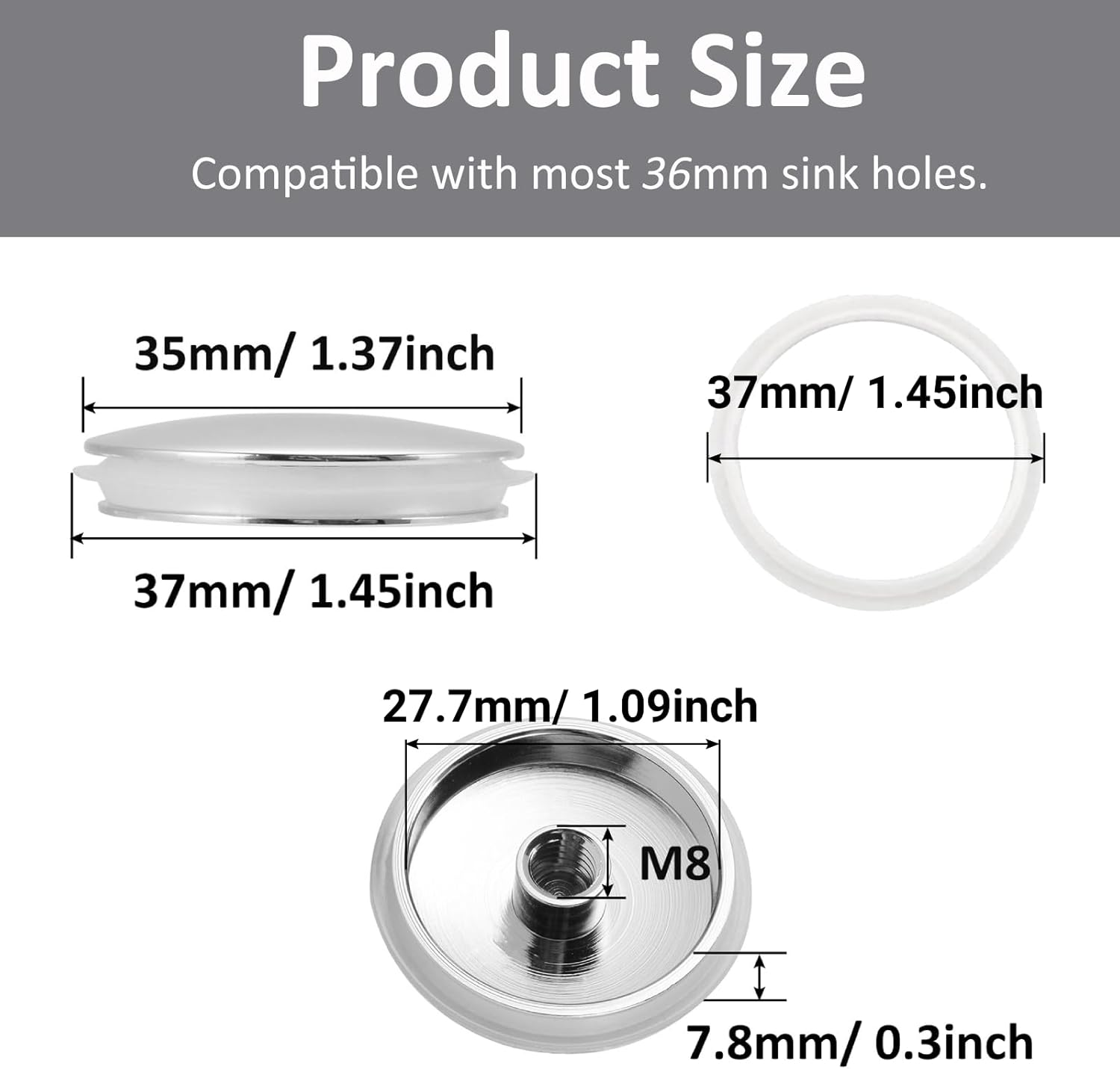 2 Pack Basin Waste 36Mm Sink Tap Push Button Pop Click Clack up Plug Replacement Drain Stopper for Kitchen Bathroom Vanity Sink