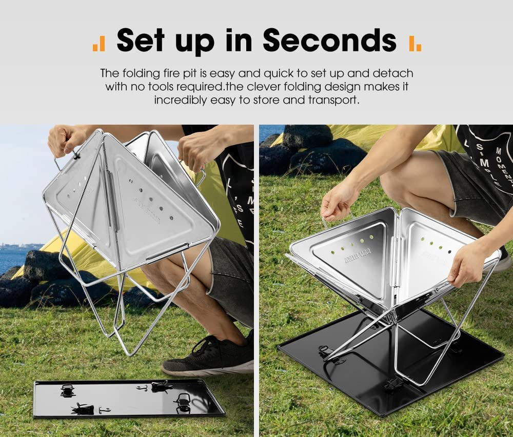 SAN HIMA Portable Camping Fire Pit 43CM X 43CM with Handle - Adjustable Grill & Side Plates Heavy Duty 304 Stainless Steel Foldable Firepit with Carrying Bag for Outdoor Camping BBQ image number 6