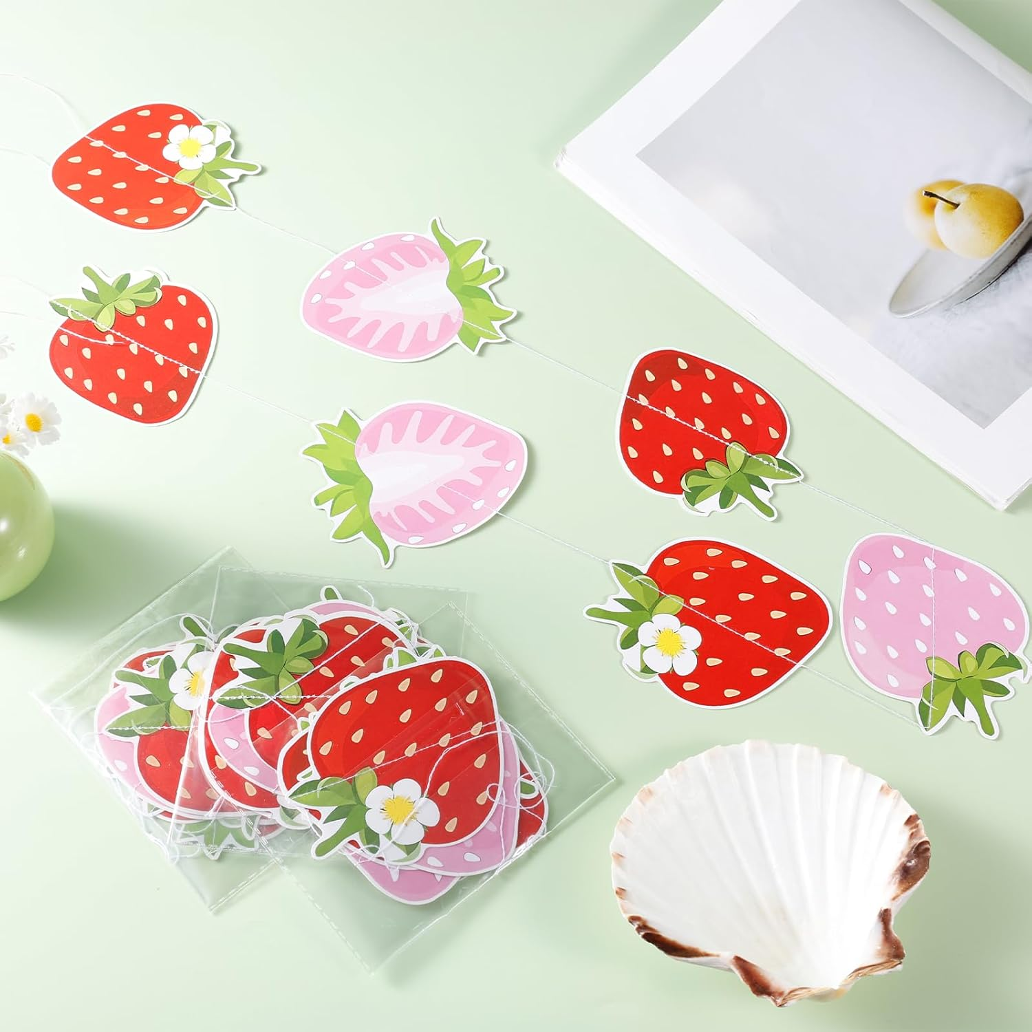 8Pcs Strawberry Banners, Red Pink Strawberry Hanging Banner Strawberry Banner Garland Strawberry Party Decorations for Birthday Party Baby Shower Party Decorations image number 2