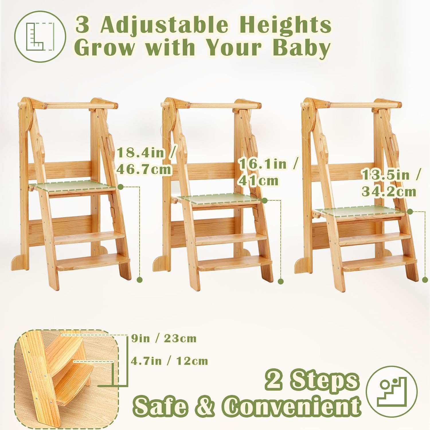 Foldable Toddler Kitchen Tower, Baby Montessori Kitchen Helper with Safety Rail, Kids Wooden Learning Tower Adjustable Learning Step Stool (Wood) image number 1