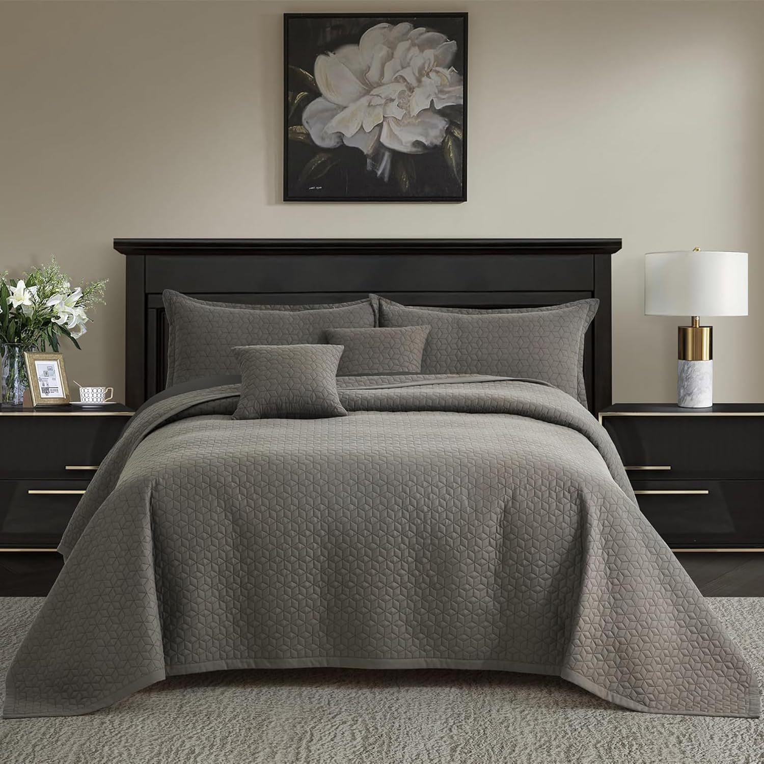 Blythease Oversized King Bedspread 128X120 Extra Wide, Modern & Contemporary Look, Lightweight Bedding Cover, Reversible, 5 Piece, 100% Microfiber, Brown