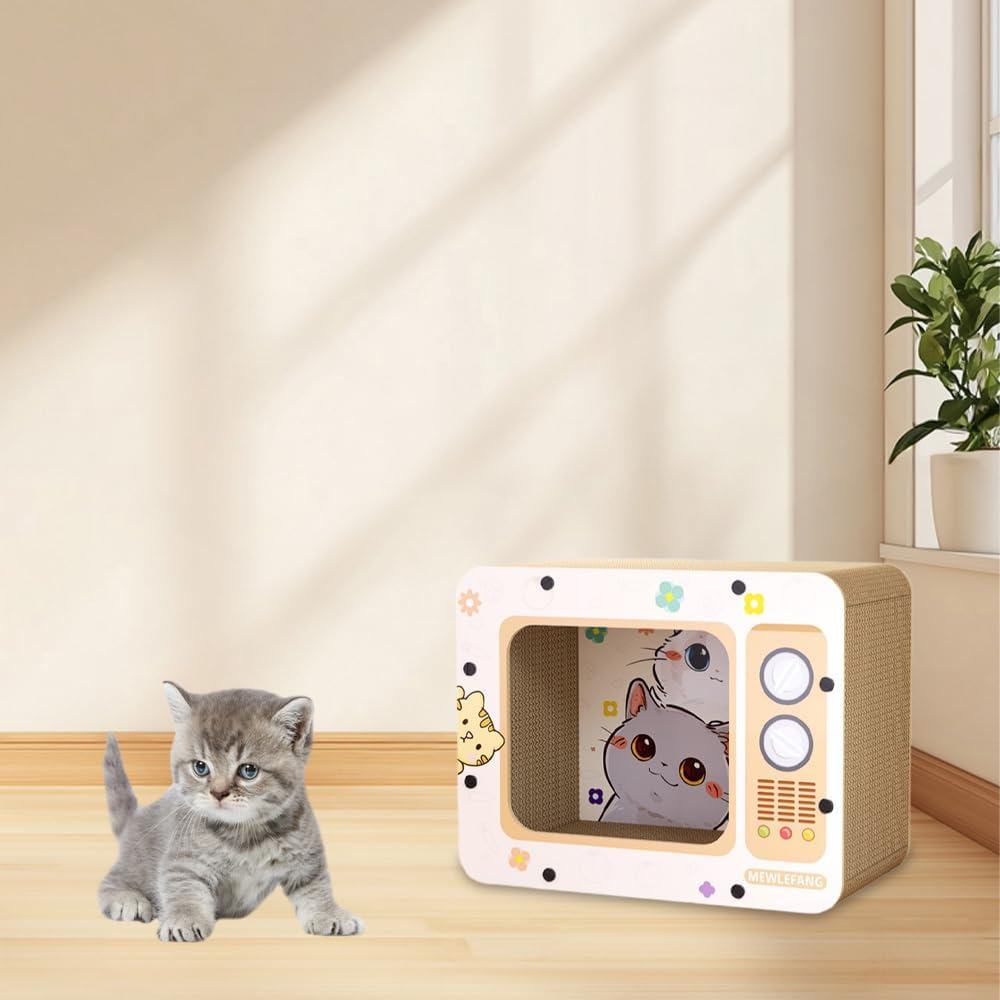 Retro TV Mog Scratcher, Cardboard Pussy Lounge, Eco-Friendly Paperboard Cat Scratching, Cute Style Moggy for Kittens Claws and Sleeping Space image number 3