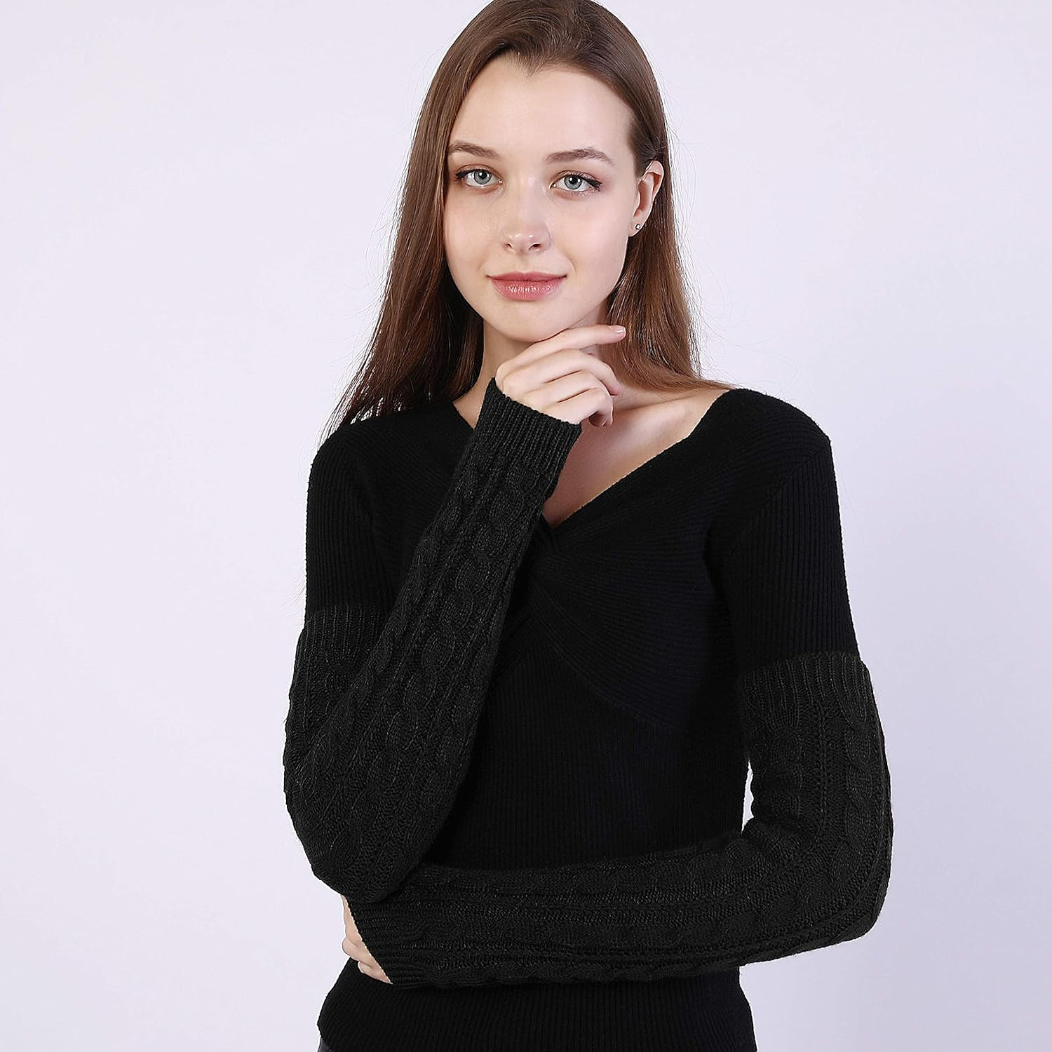 Womens Winter Warm over Elbow Long Fingerless Thumb Hole Gloves Mittens Knitted Arm Warmer - Black image number 3