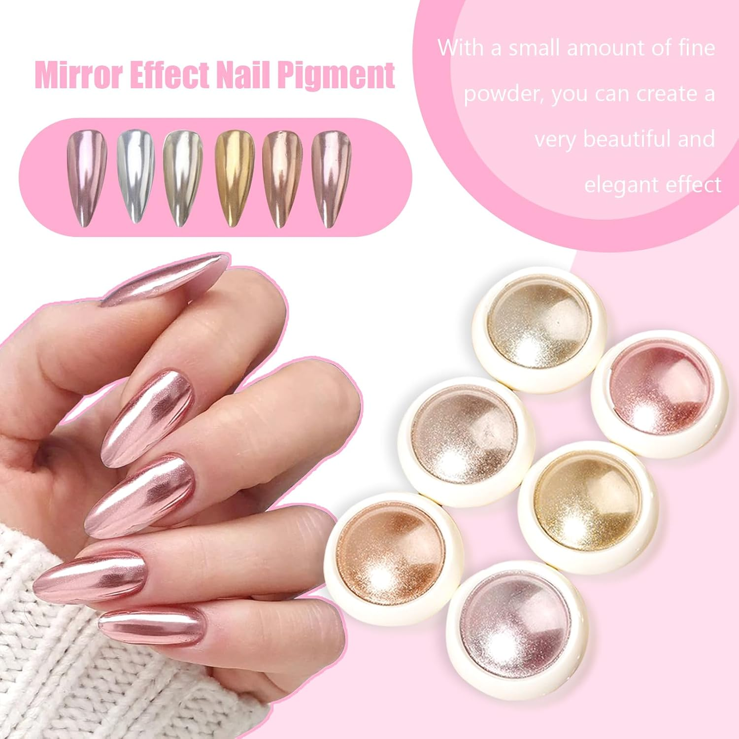 6 Pcs Chrome Nail Powder,Metallic Holo Nail Chrome Powder,Ose Gold Chrome Nail Powder Metal Nail Art Powder for Decorative Furniture,Phone Cases,Glasses Frames,Nails DIY and Other Art image number 2