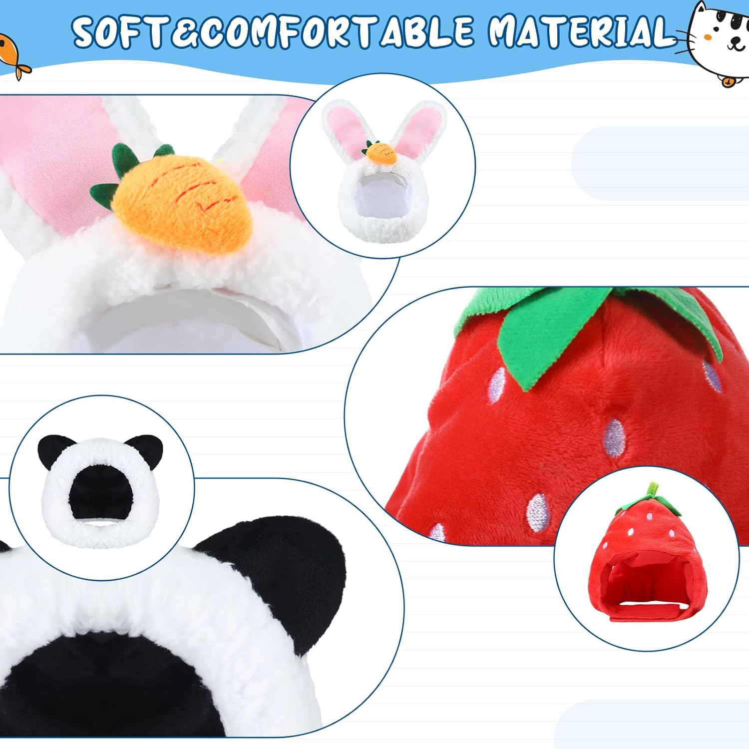 5 Pcs Cat Hat Adorable Costume Bunny Hat with Ears Funny Mane Cat Hat for Cats and Small Dogs Kitten Puppy Party Costume Accessory Headwear (Panda, Rabbit, Pineapple, Strawberry, Flower) - Avocado, Orange, Strawberry, Pineapple, Frog image number 7