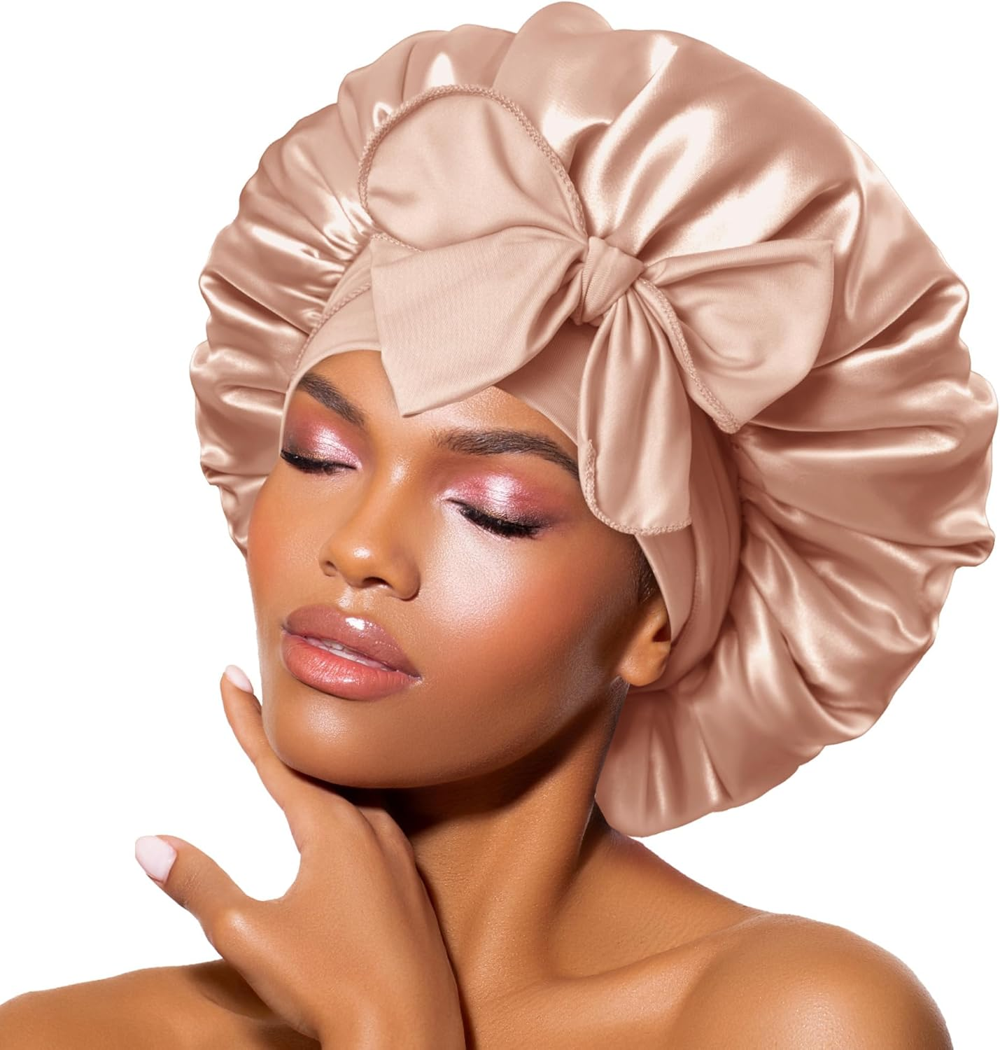 BONNET QUEEN Silk Bonnet for Sleeping Women Satin Bonnet Night Sleep Cap Wrap for Curly Hair with Adjustable Tie Band, Single Layer, Champagne