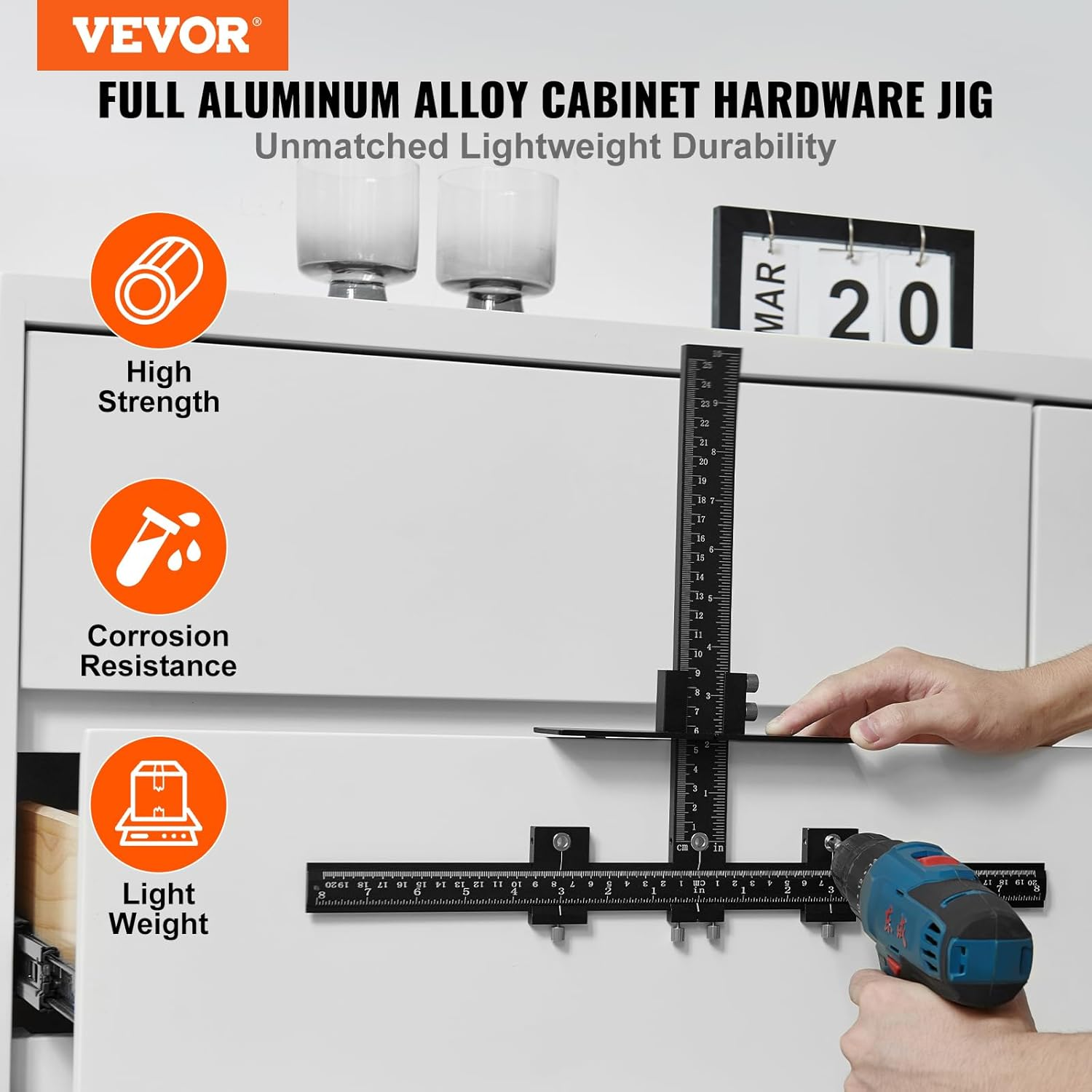 VEVOR Cabinet Hardware Jig, Aluminum Alloy Cabinet Handle Jig with Center Punch, Adjustable Cabinet Hardware Template Tool, for Installation of Door Drawer Front Knobs Handles and Pulls image number 2