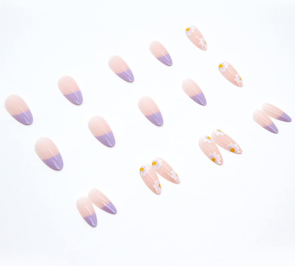 Artificial Nails for Gluing, Flower Press on Nails Almond Long French Sunflower Summer Nails for Gluing Long for Women and Girls (Pack of 24) image number 1