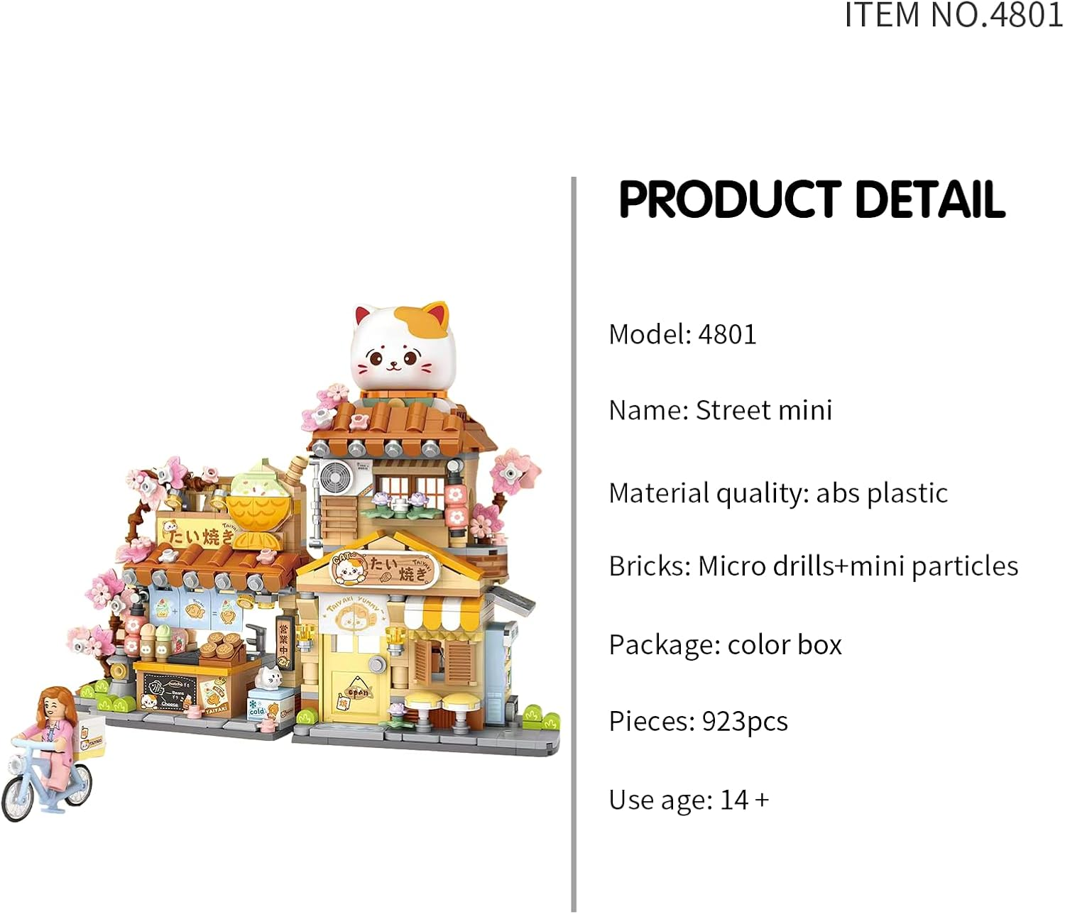 Mini Street Building Set &ndash; Taiyaki Dessert Shop Micro Bricks Japanese Architecture Kit for Adults Teens, Sakura Shop Diorama Toy for Collectors & Cat Lovers image number 3