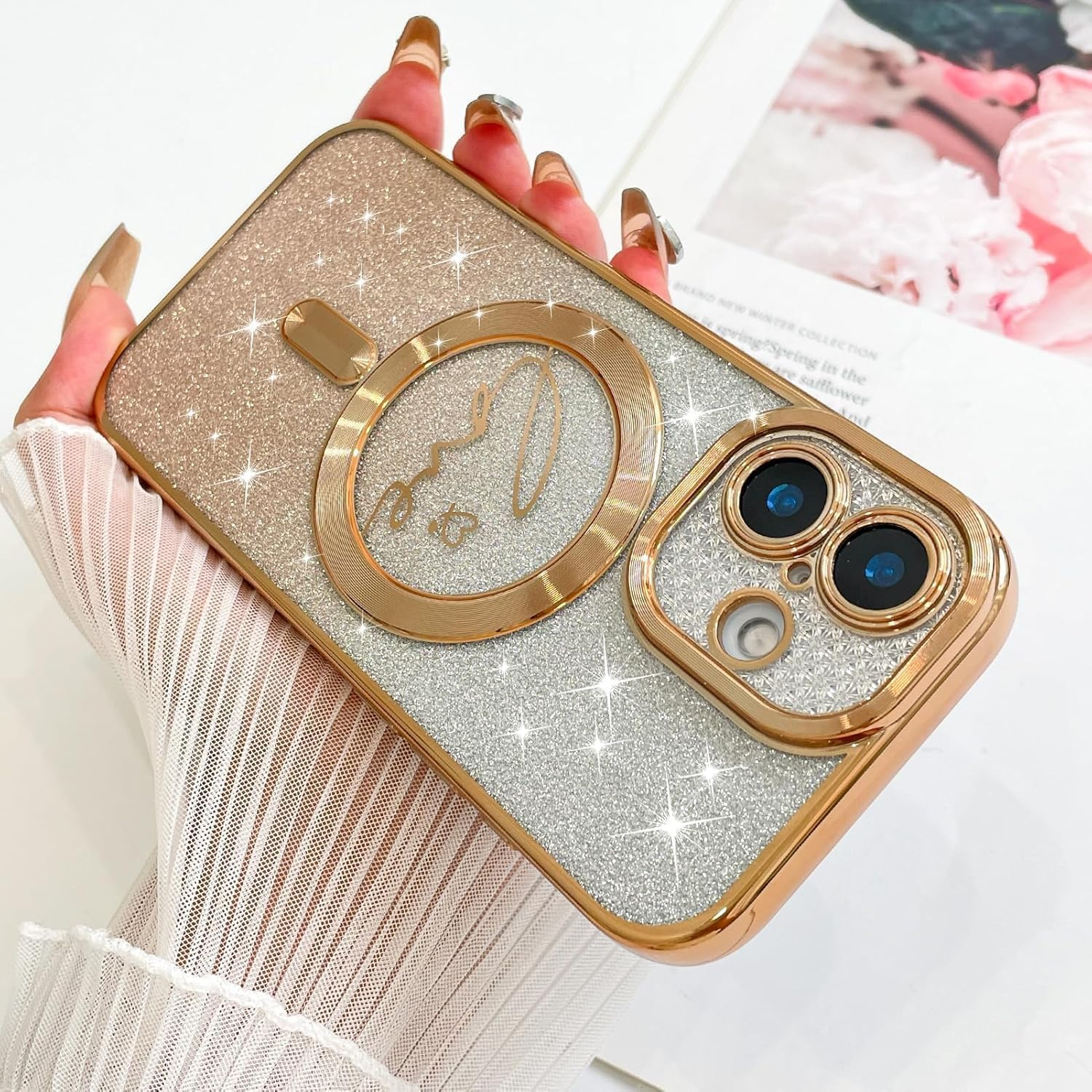 ELEPIK for Iphone 17 Case with Camera Protector, [Full Camera Cover Protection] [Compatible with Magsafe] [Love Heart Plating] [Glitter Bling Plating] Clear Magnetic Slim Phone Case, Gold
