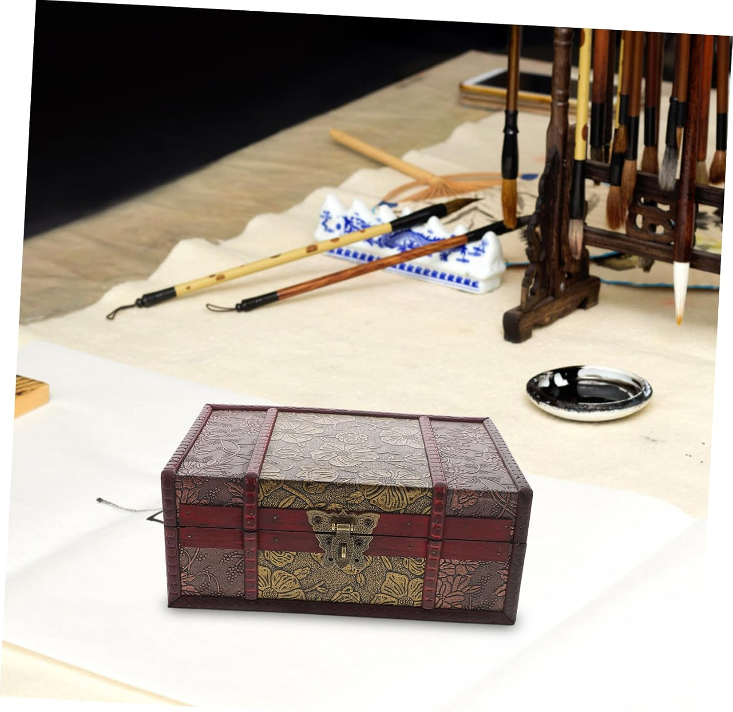 Wooden Bible Storage Box Lock Small Rectangular Wood Case Decorative Book Trinket Holder for Document and Organization Desktop Supply image number 1