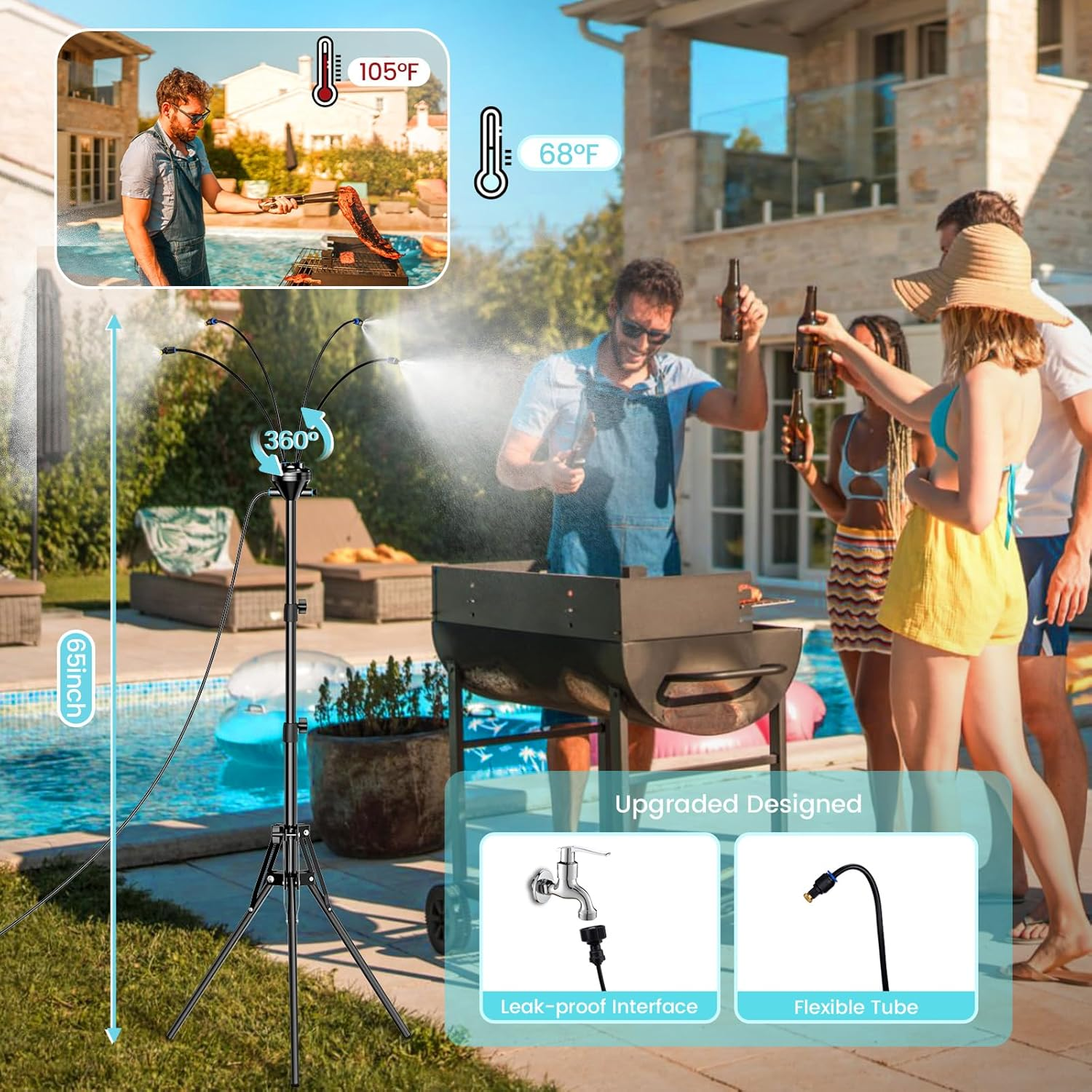 Upgrade Standing Misters for outside Patio - Portable Misting System for Cooling Outdoor 65 Inch Height Water Mister W 26.5Ft Stand Misting Line for Garden Yard BBQ Pool Water Playing Sprinklers image number 3