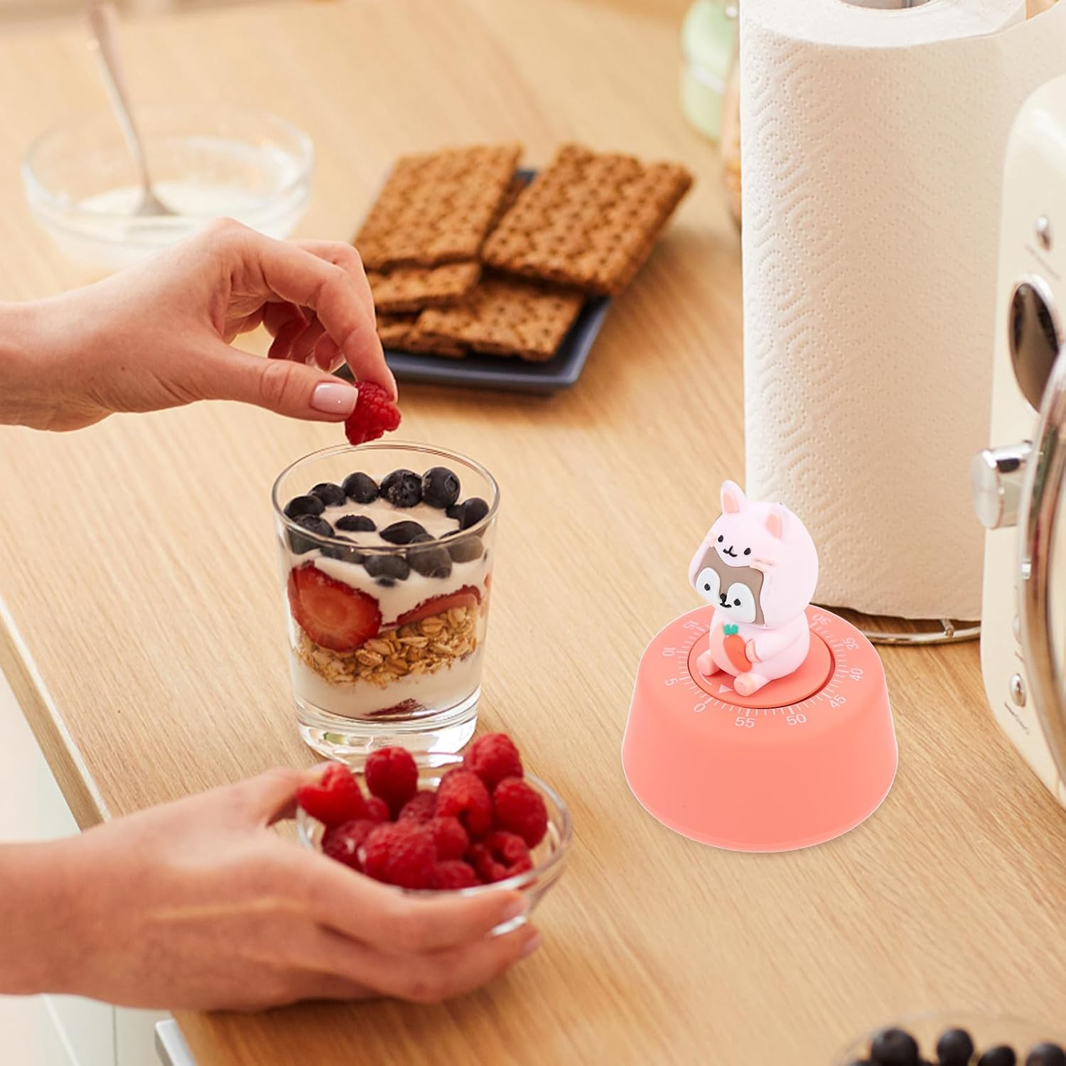 PHENOFICE Mechanical Kitchen Timer Manual Countdown Cartoon Pink Rabbit Time Reminder for Baking Cooking Games in Home image number 4