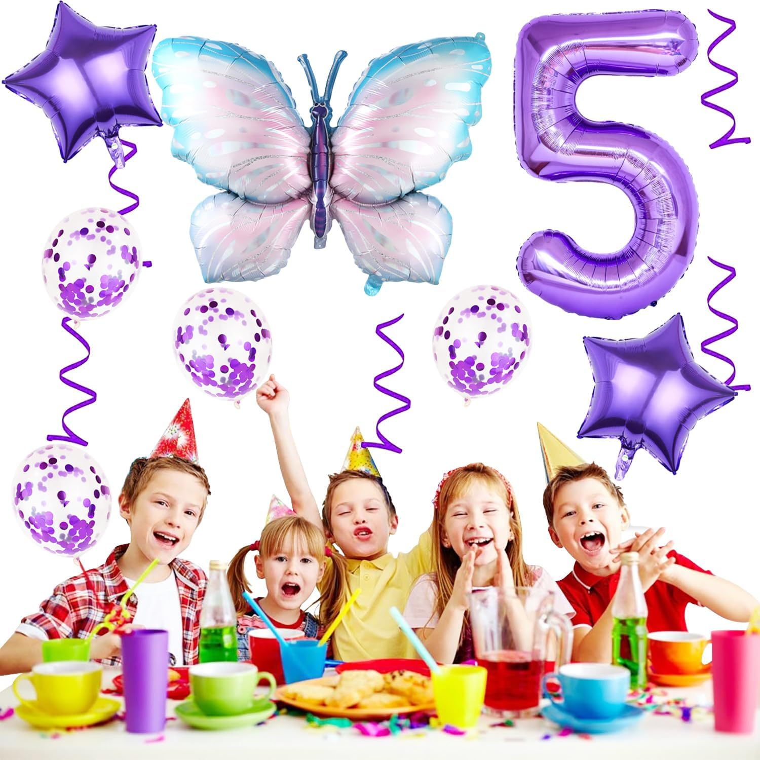 5 Years Butterfly Birthday Decoration Large Colourful Butterfly Foil Balloon 5Th Birthday Butterfly Balloon Purple Number 5 Balloon for Girls Birthday Party - 3 image number 6