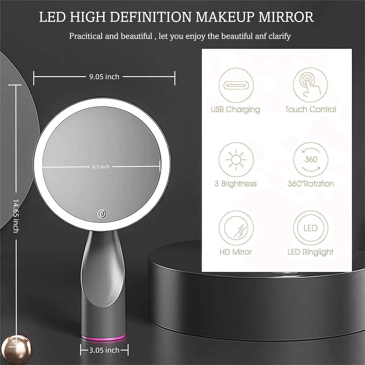 ECOMUSE 8.5 Inch Makeup Mirror with Lights, Smart Touch Control, 3 Level Brightness Adjustable Makeup Mirror, 360&deg; Rotation Make up Mirror with Lights, Rechargeable&Detachable,Women Gift. image number 4