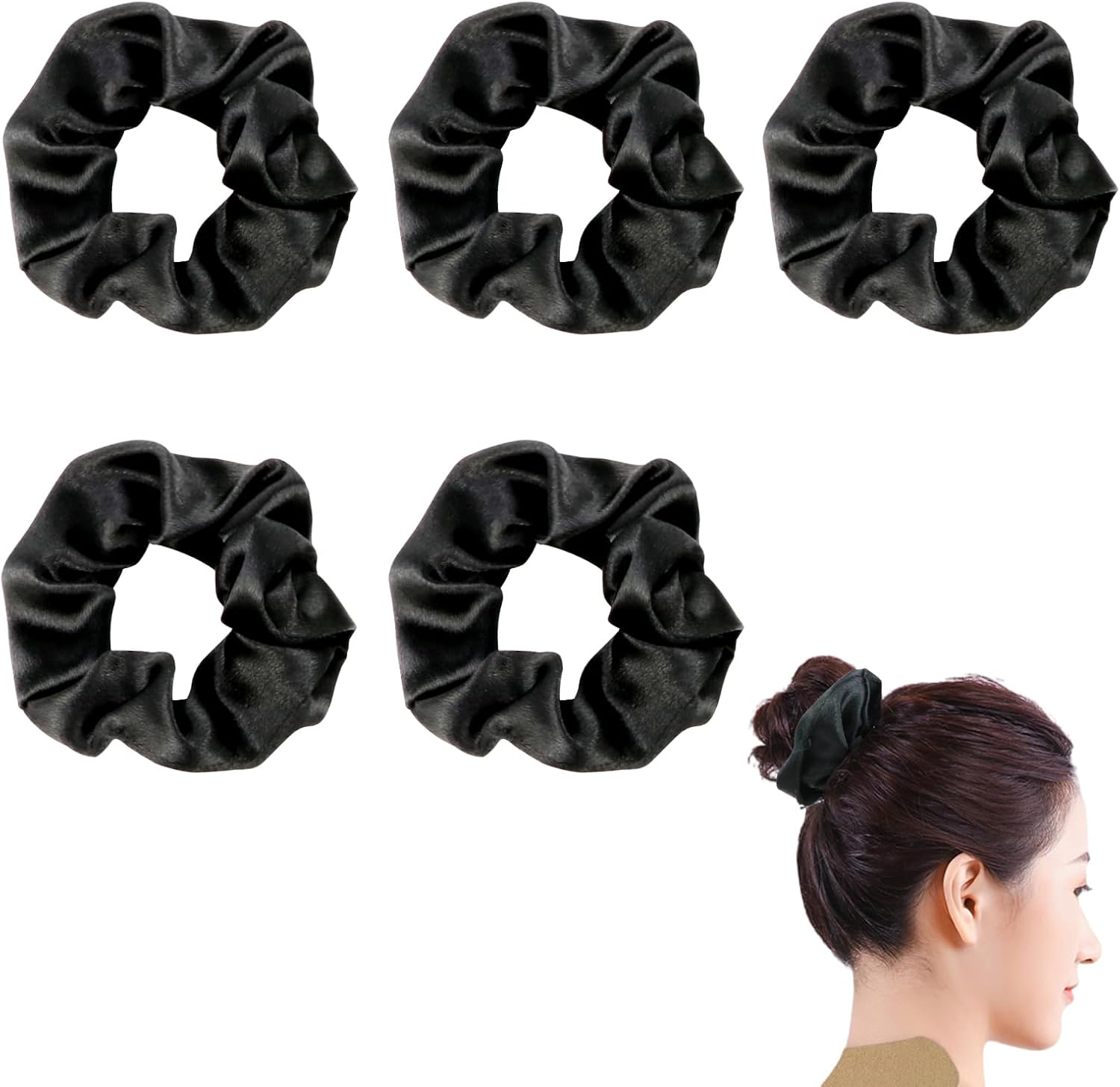 FERCAISH Pack of 5 Satin Hair Bobbles, Scrunchies Silk, Large Velvet Hair Bobbles, Elastic Hair Bands, Thick Hair Scrunchies for Women and Girls (Black)