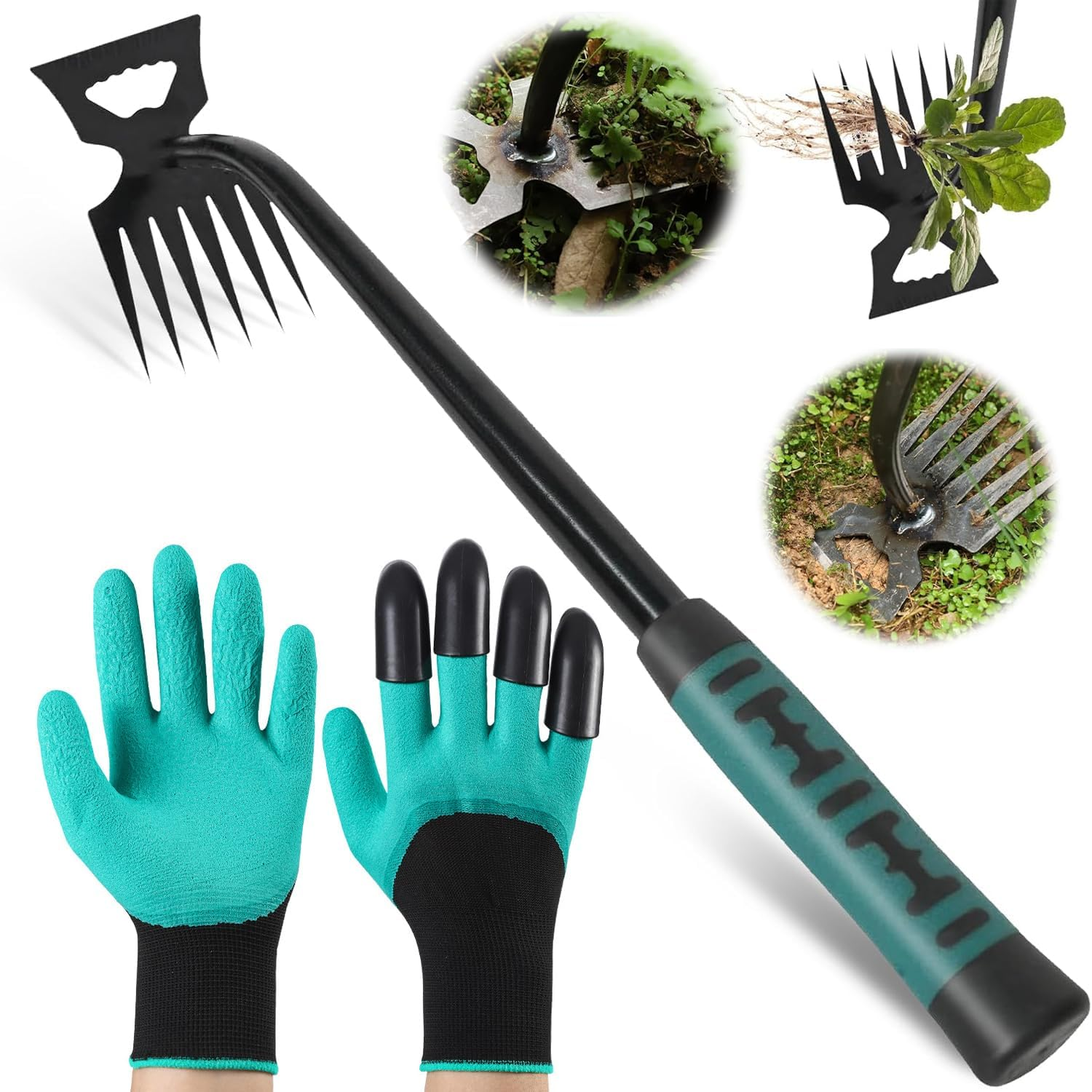 Weed Puller Tool, 6 Teeth Garden Weed Pulling Tool, Durable Manganese Steel Hand Weeder Tool with Gloves for Vegetable Gardening Backyard Farm Planting & Weeding image number 4