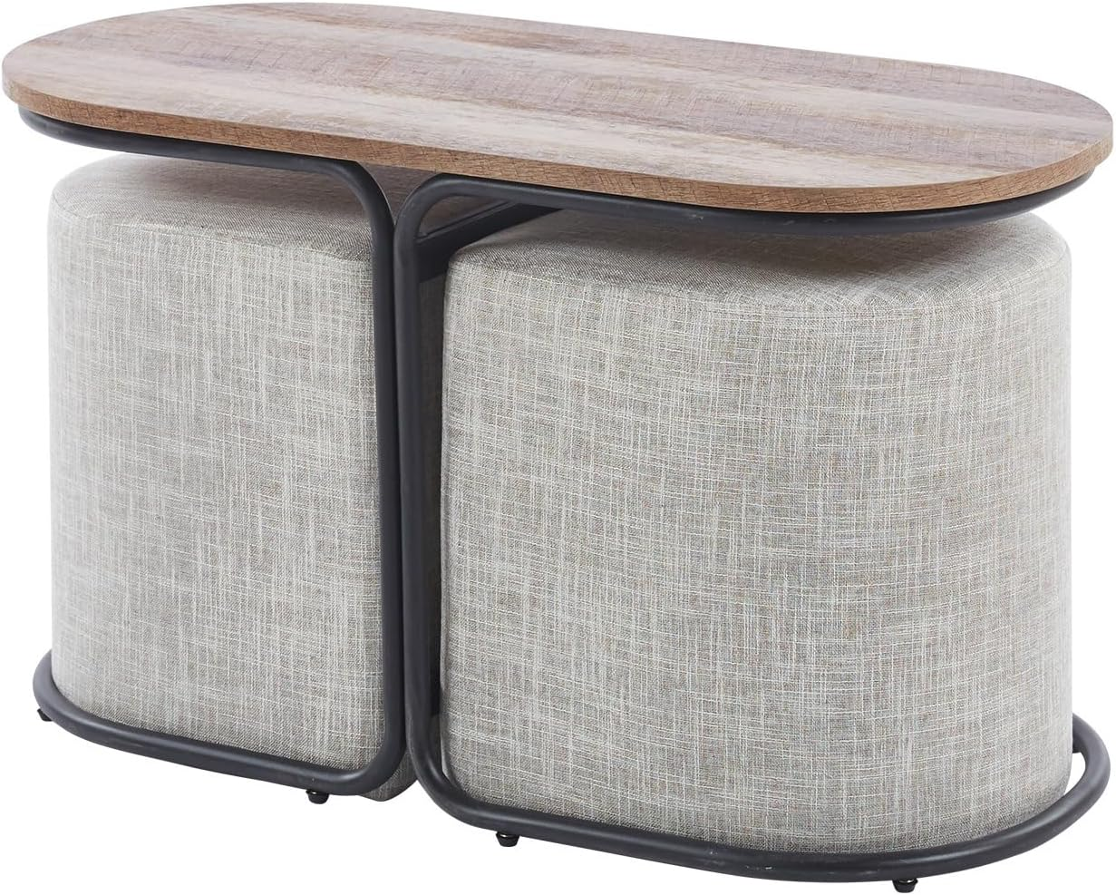 La Bella 3-Piece Coffee Table & Ottoman Set &ndash; Modern Industrial Living Room Furniture with 2 Padded Stools, Linen Upholstery & MDF Wood Tabletop &ndash; Space-Saving Design, Cream