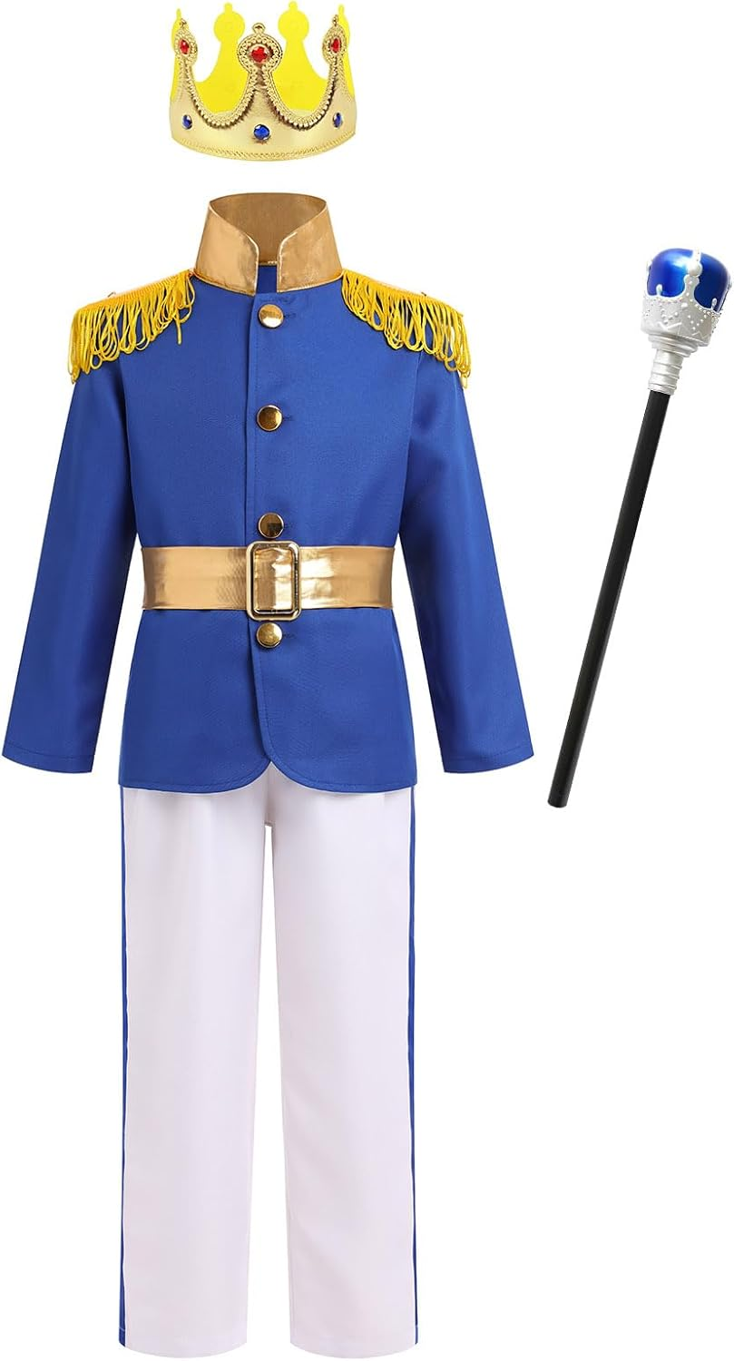 FYMNSI Prince Charming Costume for Kids Boys Halloween Carnival Cosplay Party Fancy Dress up Tunic Top Pants Crown Scepter Set image number 5