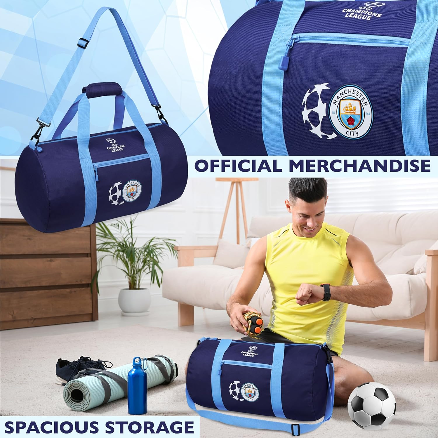 Manchester City F.C. Duffle Bag Sports Holdall for Men Teens Supporters' Gear Kids Large Gym Bag for Football PE Overnight Weekender