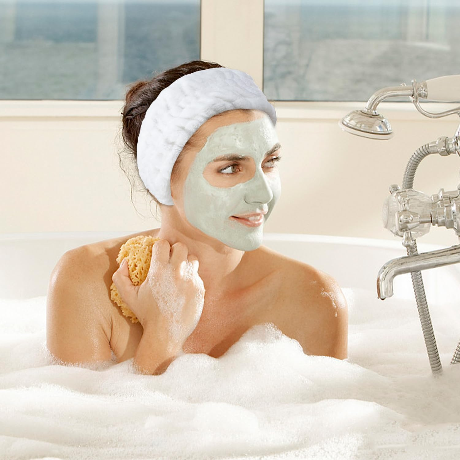 SYEYCW 4 Pcs Headband for Washing Face, Facial Makeup Headband, Coral Fleece Spa Beauty Headband, Elastic Soft Terry Cloth Hairband, for Shower, Yoga, Sports, Skincare, Black, Grey, Pink, White image number 3