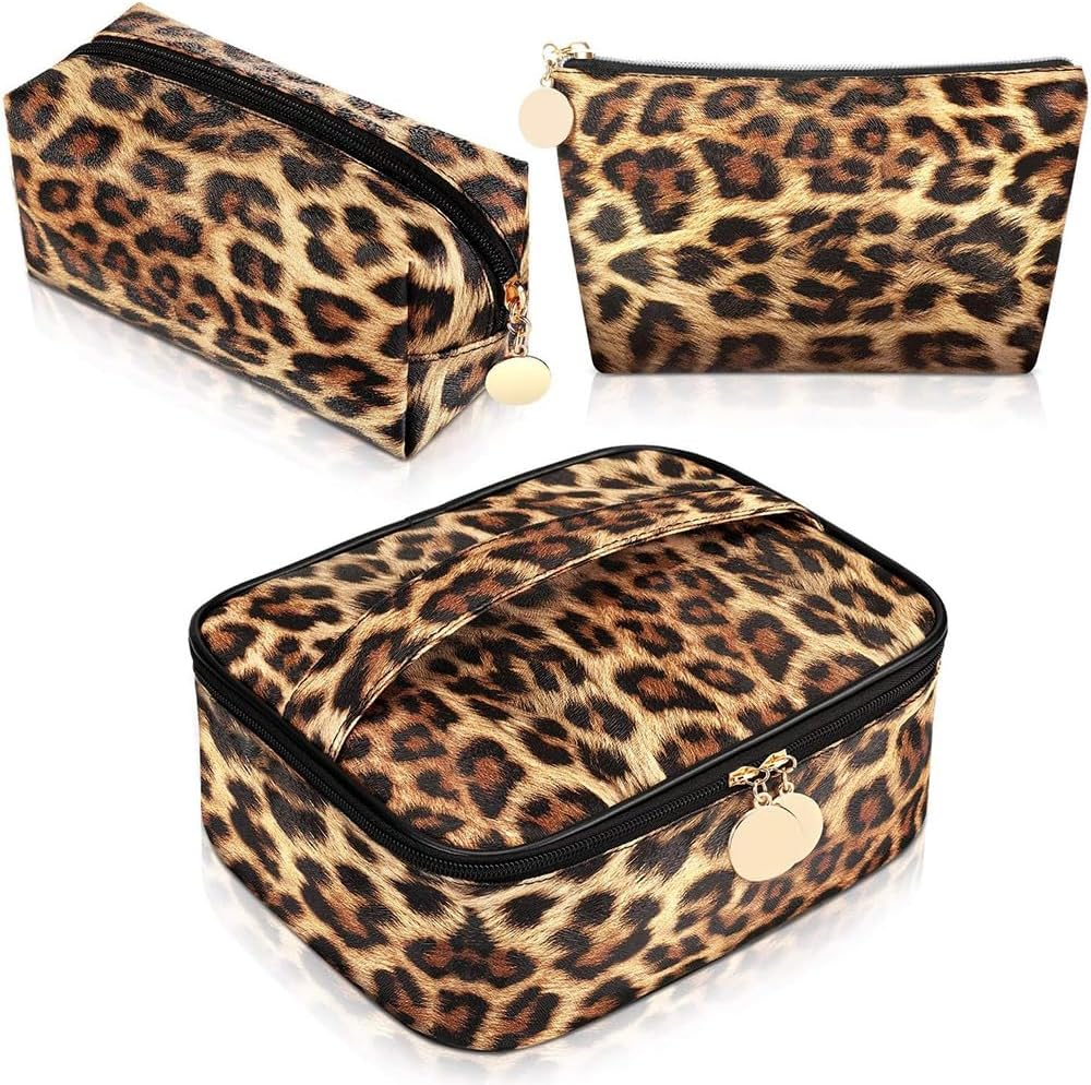 3-Piece Leopard Print Cosmetic Bag Set, Cheetah Print Portable Travel Cosmetic Bag, Multifunctional Women'S Handbag, Waterproof Storage Box with Zipper, Large-Capacity Toiletry Storage Box image number 4