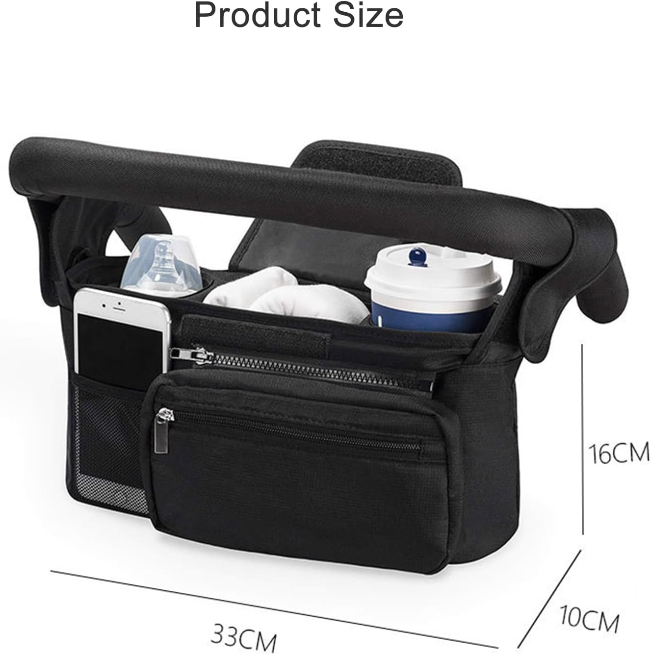 Stroller Organizer Storage Bag with Adjustable Shoulder Strap, Insulated Cup Holder and Detachable Phone Pouch, Suitable for Travel Stroller, Baby Caddy Jogger and Pet Pram, 2 Hooks image number 3