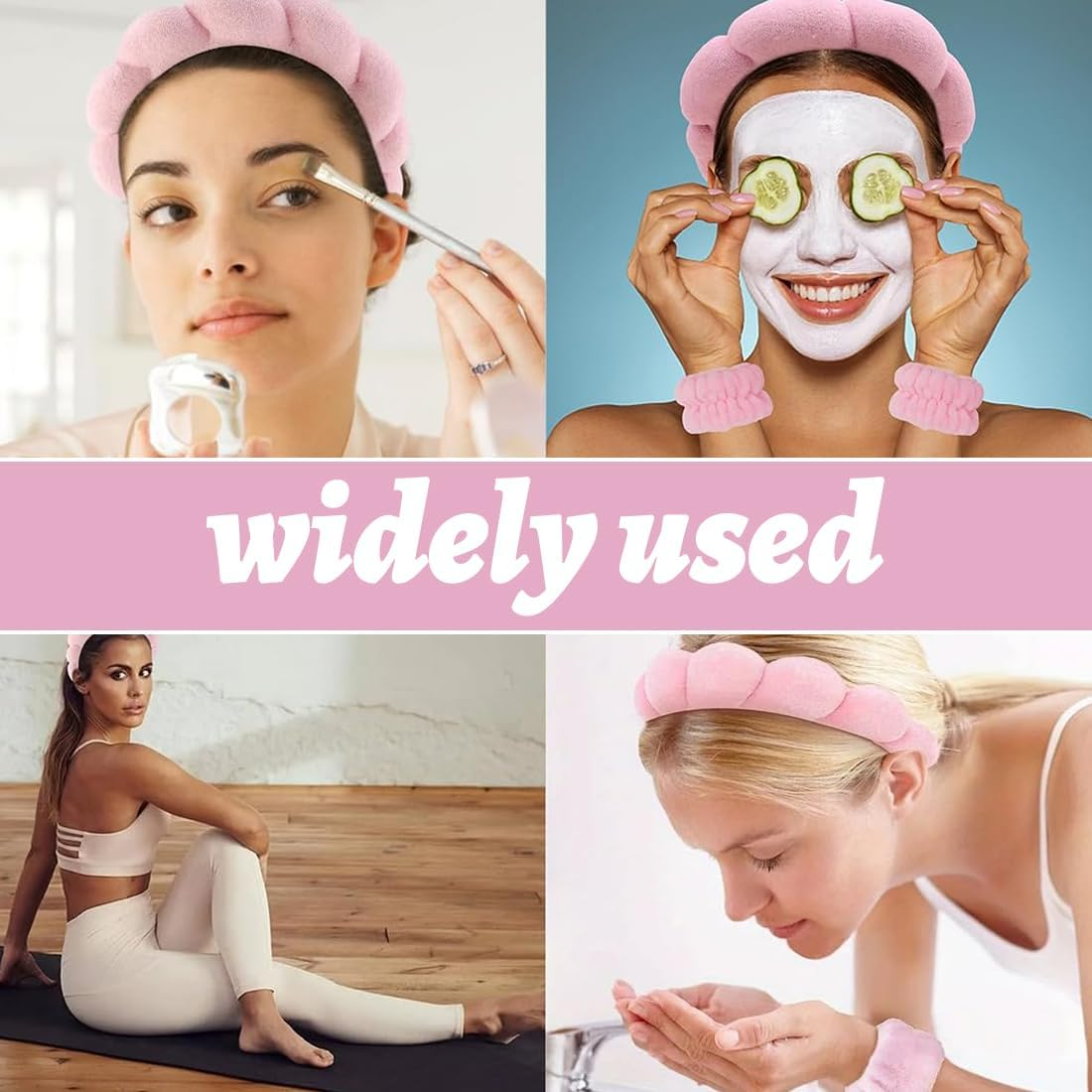JRYXDS Spa Headband for Washing Face Wristband Set Soft Sponge Skin Care Headband Hair Accessories for Washing Face Make up Remover Shower Skin Care (Pink) image number 3