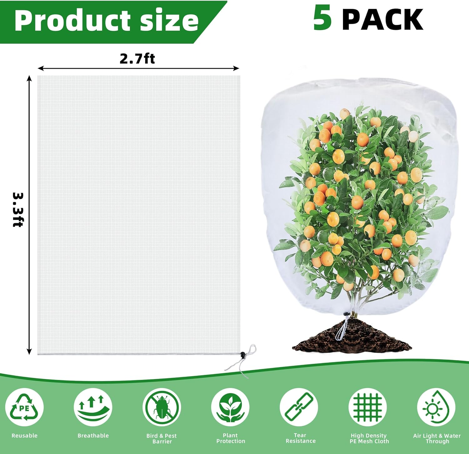 5 Pack Garden Plant Fruits Tree Protection Netting Covers with Drawstring, 3.3 X 2.7Ft Bird Insect Netting Bag, Plant Netting Barrier for Fruit/Flower/Herb/Vegetables (3.3 X 2.7Ft) image number 2