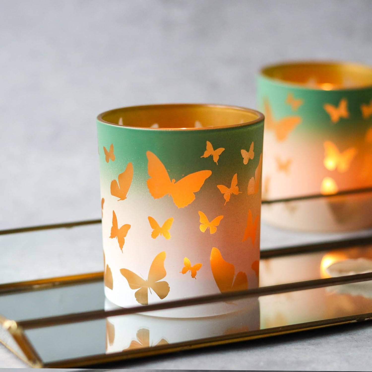 Glass Candlestick Holder, Birthday Gifts for Mom, Delicate Gifts for Women/Her, Butterfly Glass Tea Light Candle for Home Dining Table Office Desk Party Decoration Candle Holder, Green image number 1