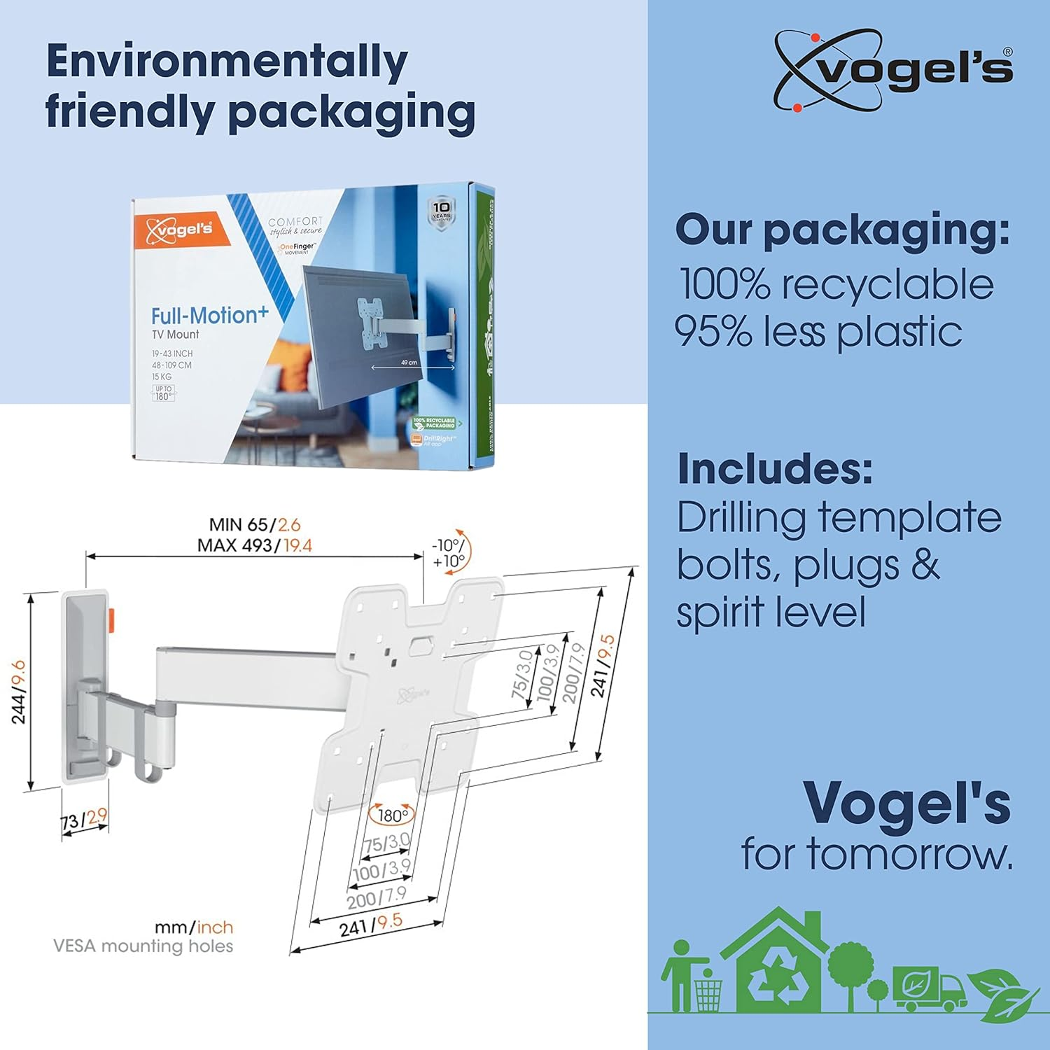 Vogel'S TVM 3245 Full-Motion TV Wall Bracket for 19-43 Inch Tvs, Max. 33 Lbs (15 Kg), Swivels up to 180&ordm;, Full-Motion TV Wall Mount, Max. VESA 200X200, Universal Compatibility image number 2