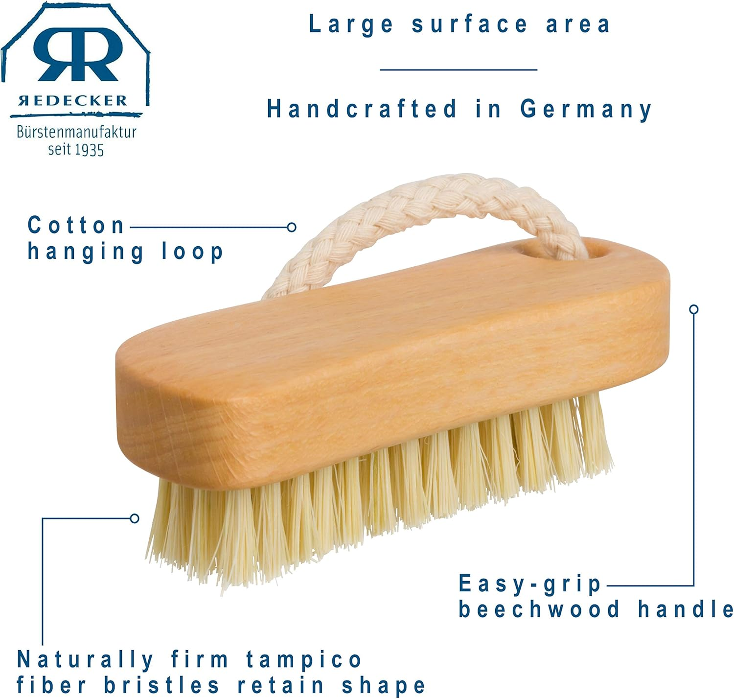 Redecker Tampico Fiber Nail Brush with Waxed Beechwood Handle, 4-1/4-Inches