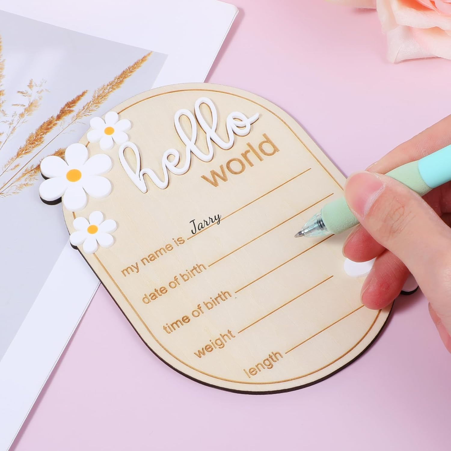 YQQYG Hello World Sign, Wooden Newborn Announcement Sign Birth Announcement Signs for Hospital Nursery Baby Room Baby Baptism Daisy Decoration image number 6